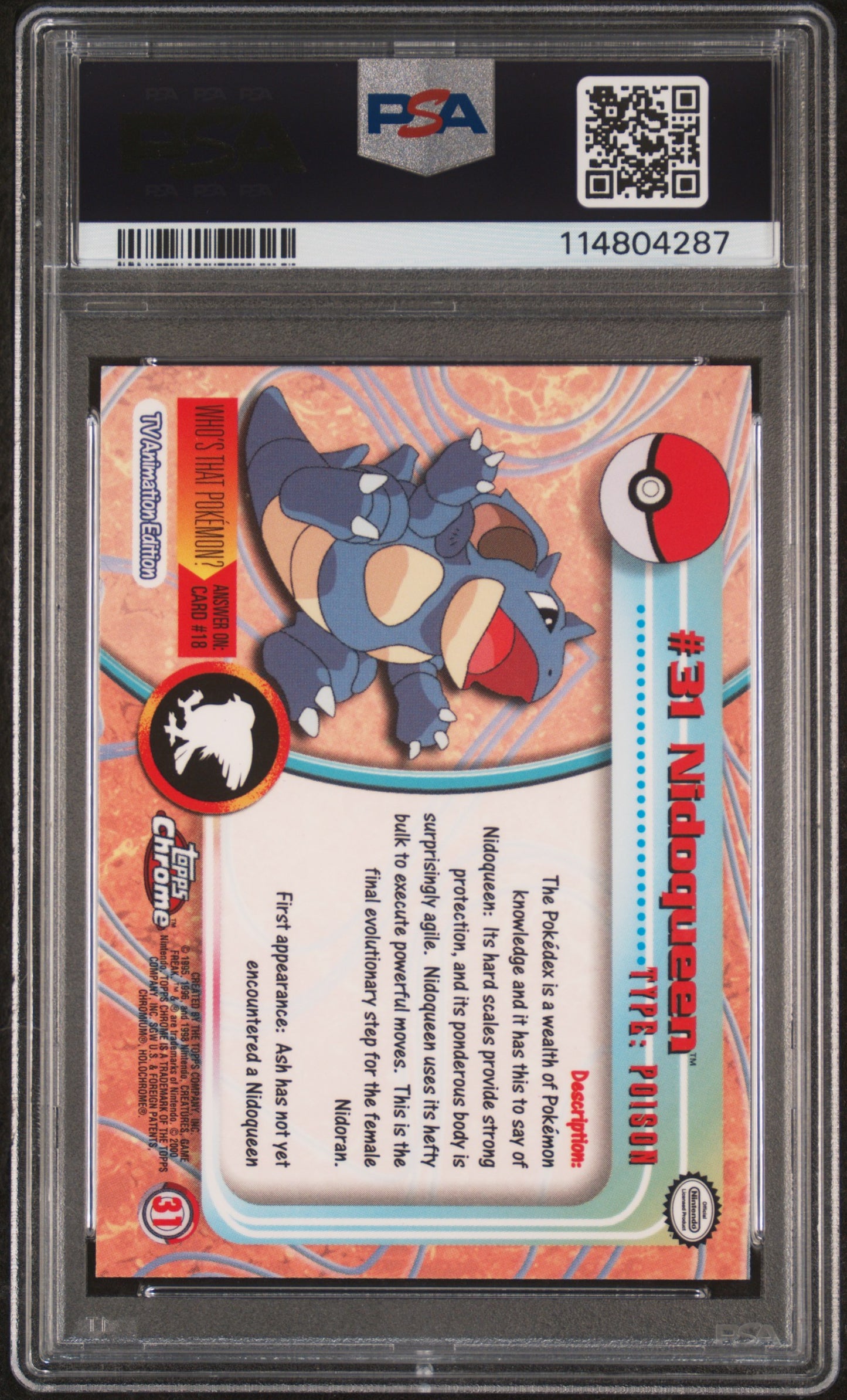 Nidoqueen 2000 Topps Chrome Pokemon T.V. #31 Pokemon T.V. PSA 10 - Back