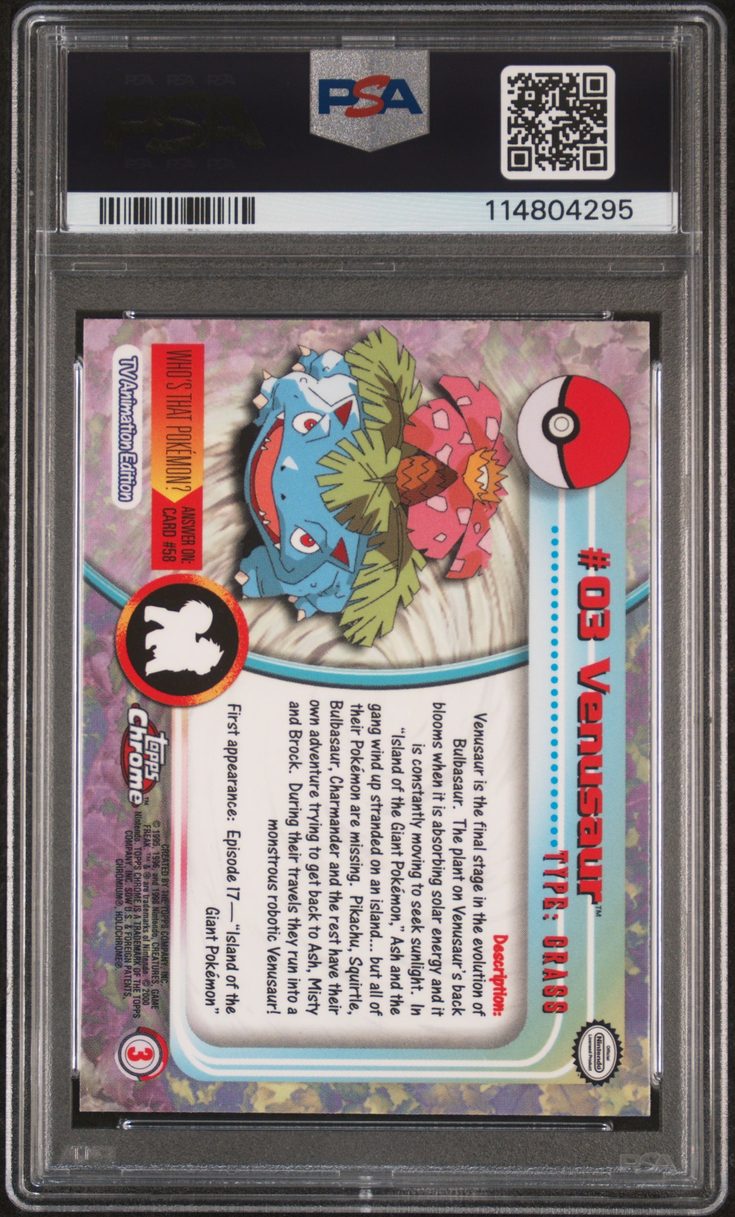 Venusaur 2000 Topps Chrome Pokemon T.V. #3 Pokemon T.V. PSA 10 - Back