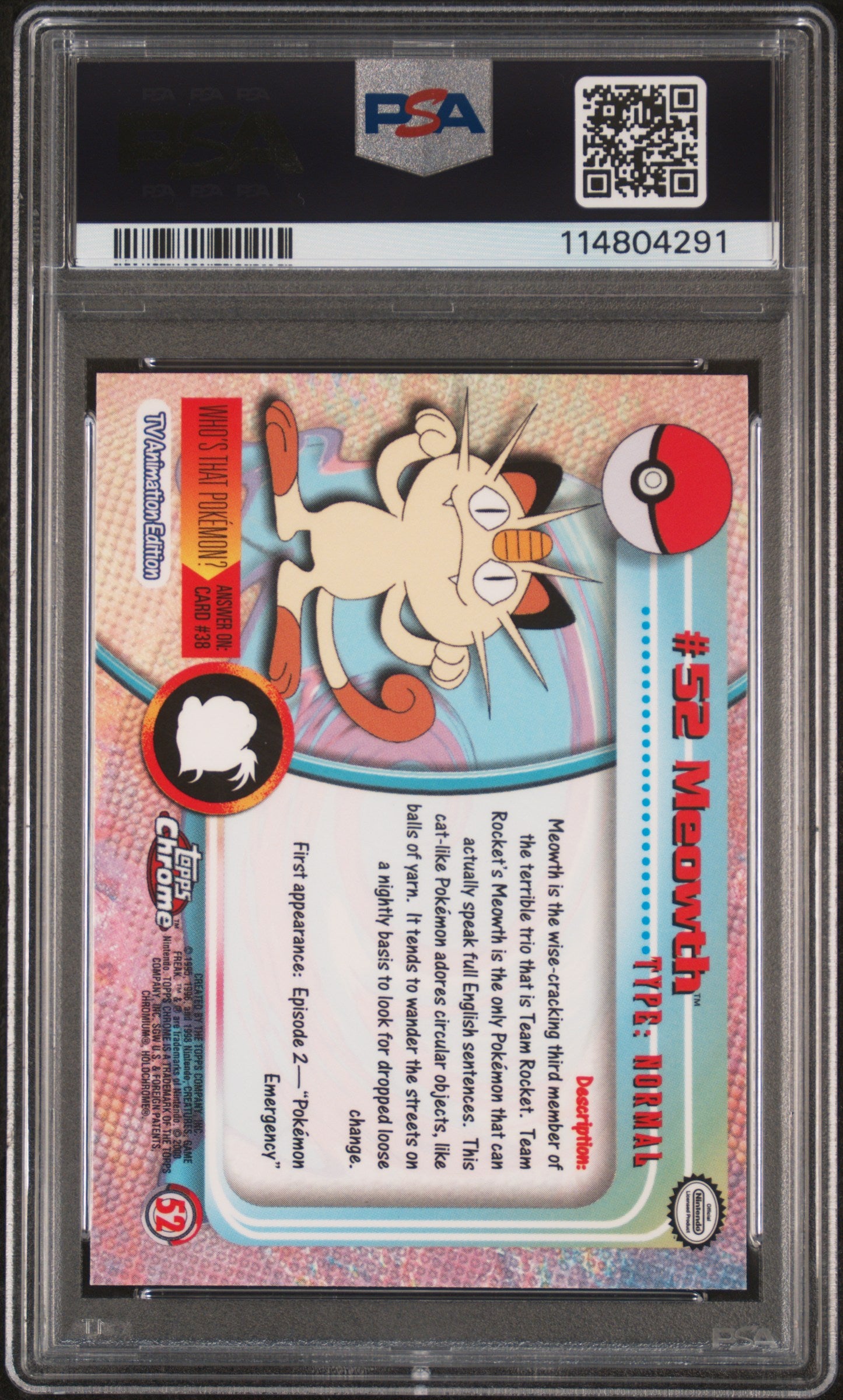 Meowth 2000 Topps Chrome Pokemon T.V. #52 Pokemon T.V. PSA 7 - Back