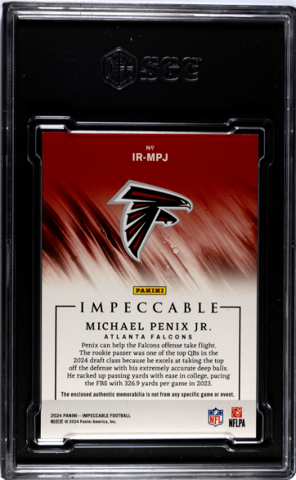 Michael Penix Jr. 2024 Panini Impeccable Impatchable Rookies Mat. SGC 8.5 - Back