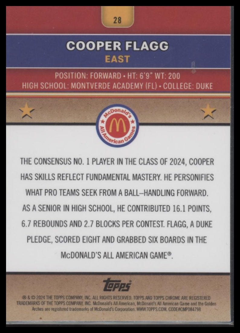Cooper Flagg 2024 Topps Chrome McDonald's All-American #28 - Back