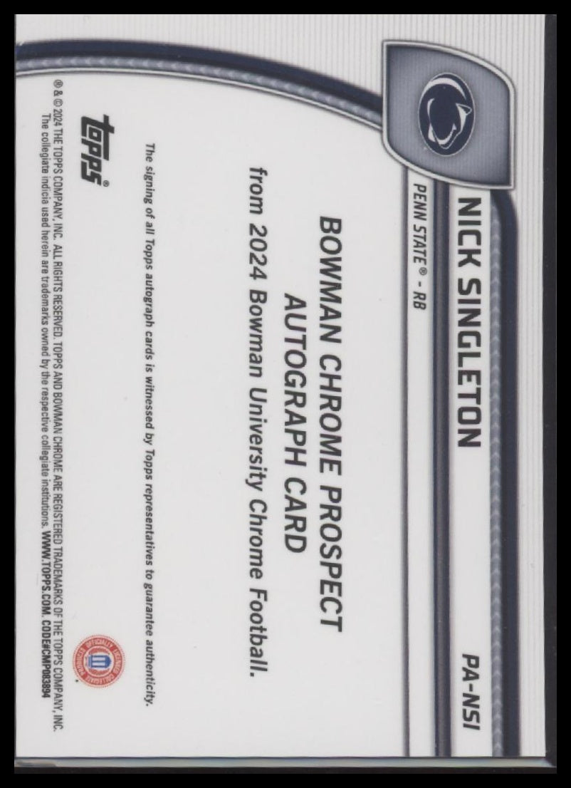 Nick Singleton 2024 Bowman University Chrome Prospect Auto #/150 - Back