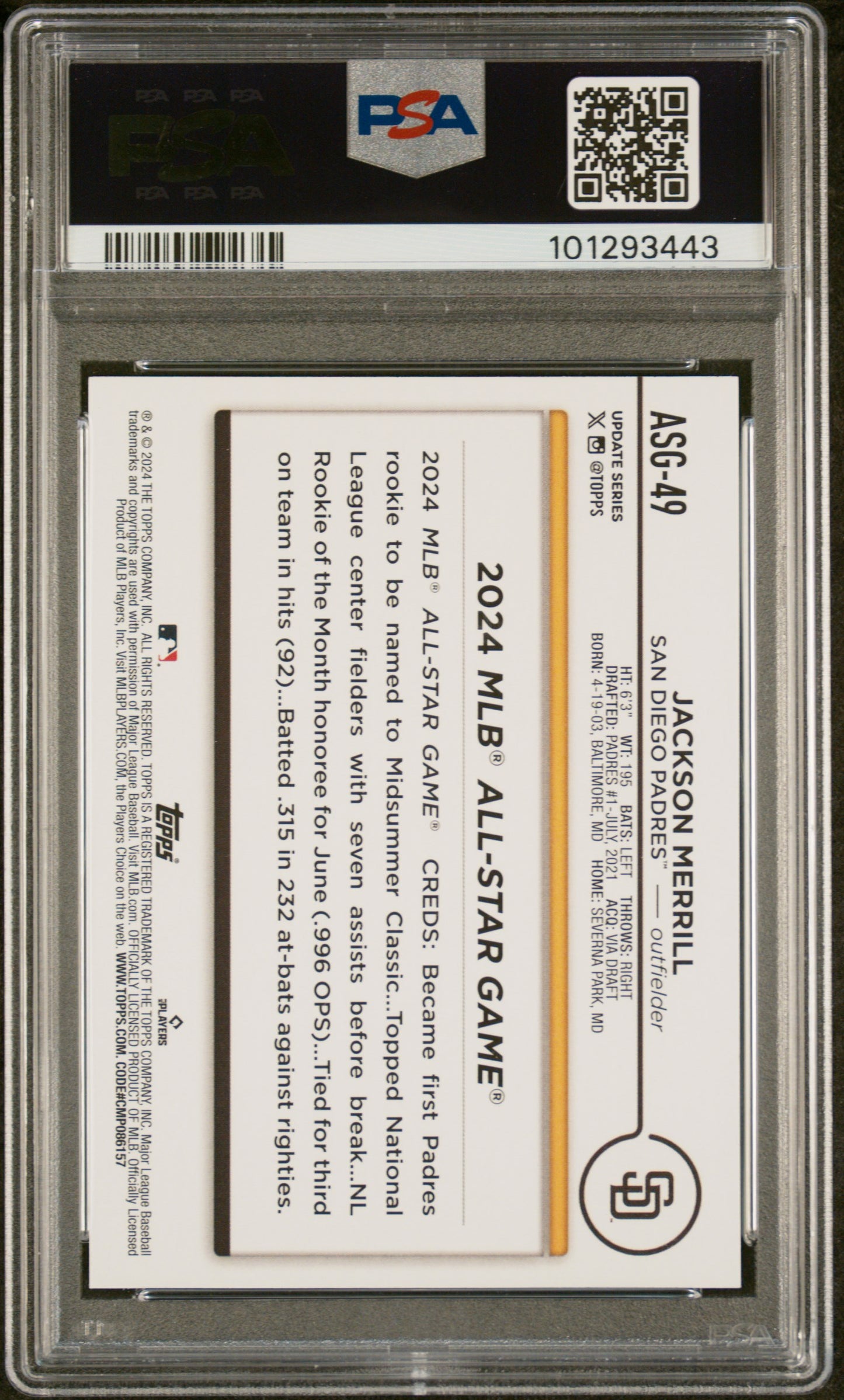 Jackson Merrill 2024 Topps Update 2024 All-Star Game #ASG49 PSA 9 - Back