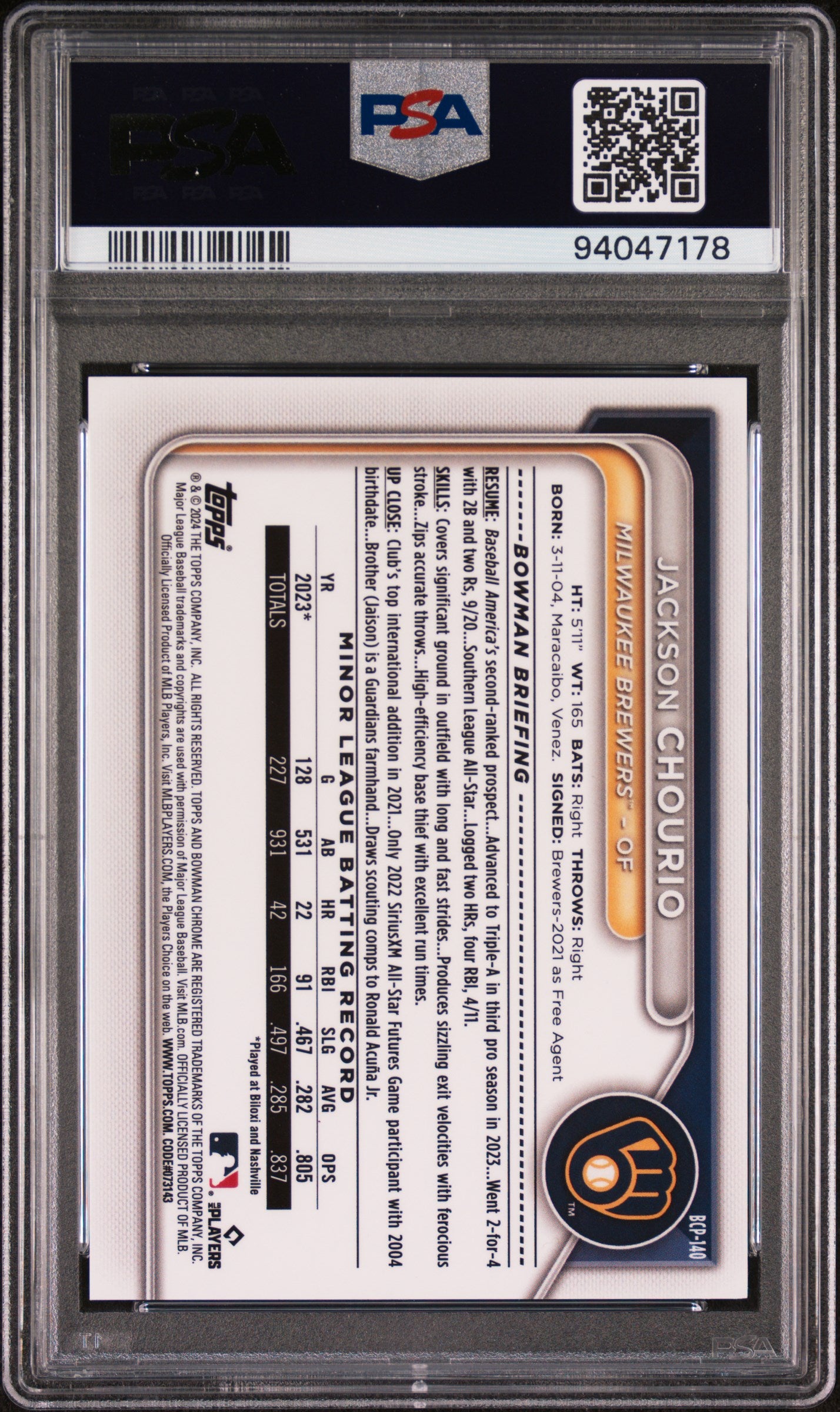 Jackson Chourio 2024 Bowman Chrome Prospects-Lava Ref PSA 10 - Back