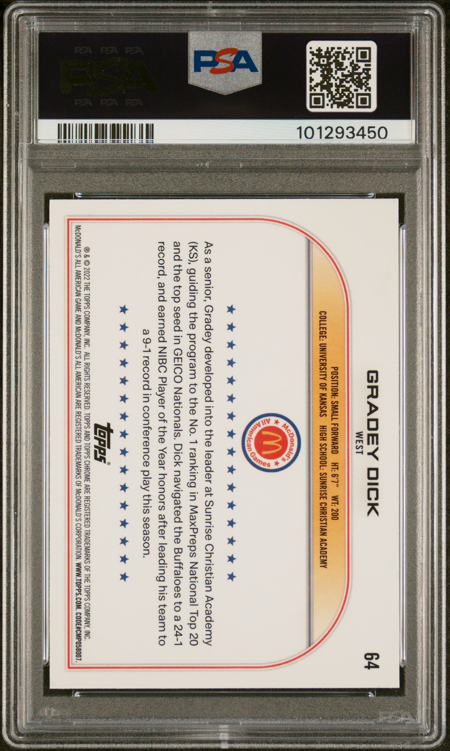 Gradey Dick 2022 Topps Chrome Mcdonald'S All-American #64 Raywave PSA 10 - Back