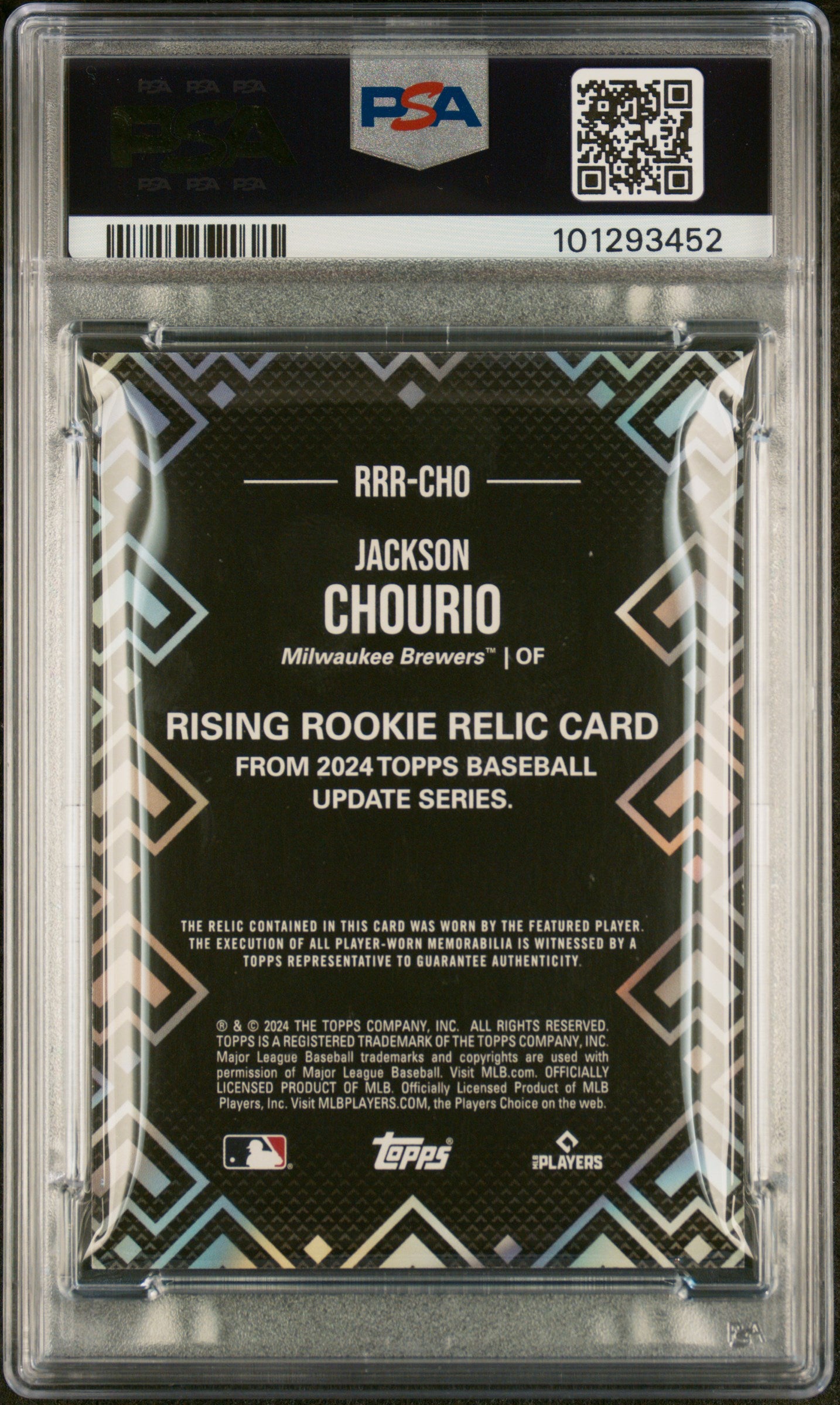 Jackson Chourio 2024 Topps Rising Rookie Relic-Black PSA 9 - Back
