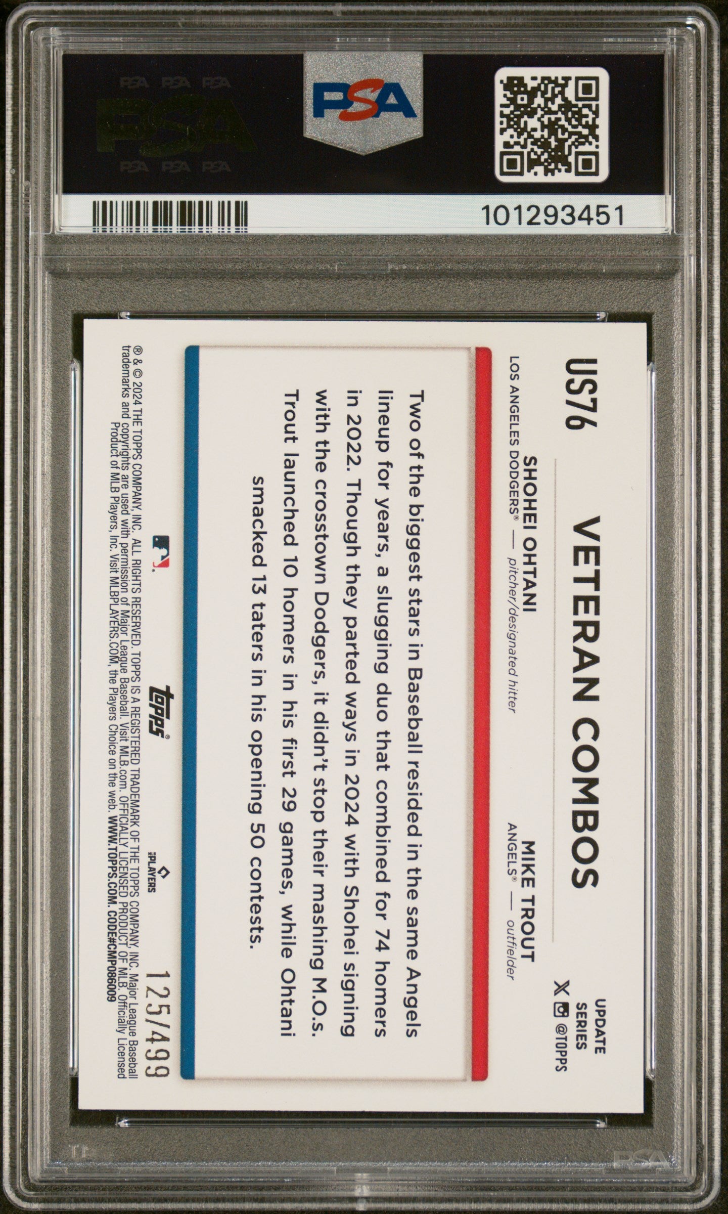 Ohtani/Trout 2024 Topps Update #US76 Green Crackle Foil Board PSA 10 - Back