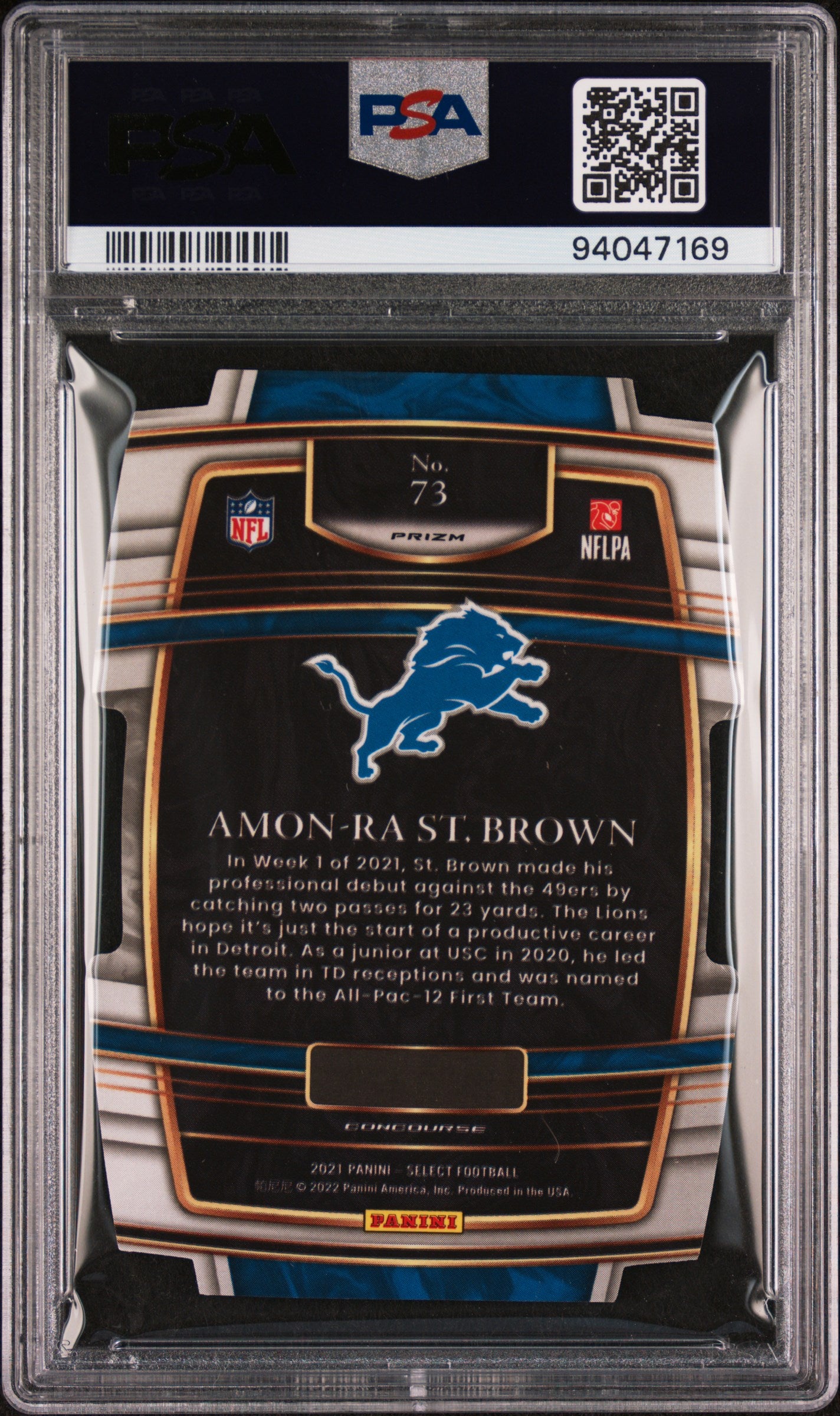 Amon-Ra St. Brown 2021 Panini Select #73 Die-Cut Black/Gold Prizm PSA 9 - Back