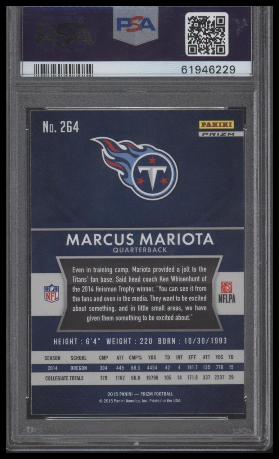 Marcus Mariota 2015 Panini Prizm #264 Blue Prizm PSA 10 - Back
