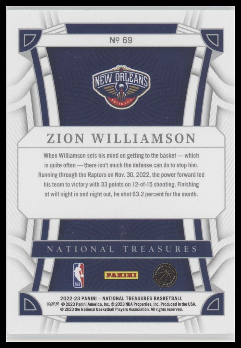 Zion Williamson 2022-23 Panini National Treasures #69 Emerald #/5 - Back