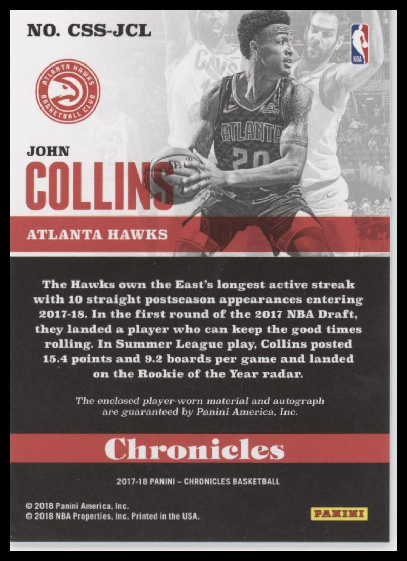 John Collins 2017-18 Panini Chronicles Signature Swatches Blue #/99 - Back