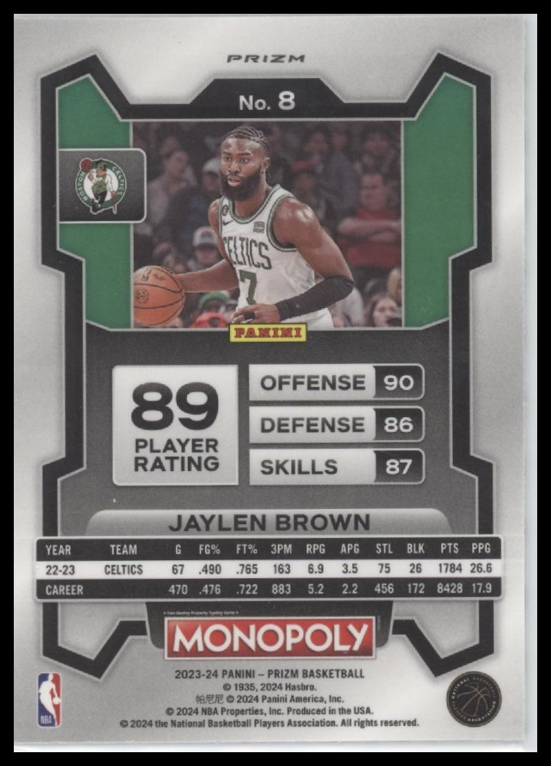 Jaylen Brown 2023-24 Panini Prizm Monopoly #8 Monopoly Man Black & White - Back