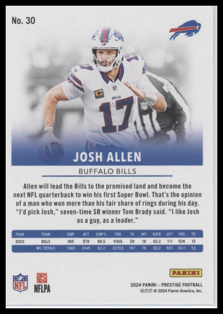 Josh Allen 2024 Panini Prestige #30 Gold Premium Xtra Points #/75 - Back