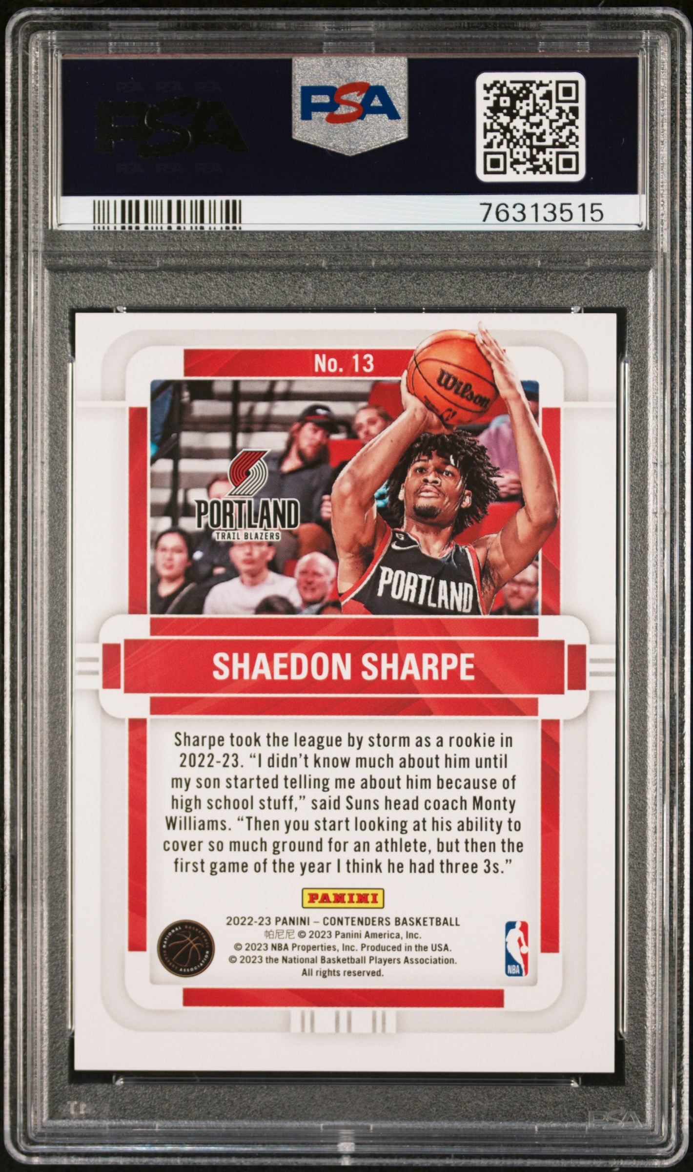 Shaedon Sharpe 2022 Rookie Of The Year Contenders #13 Rookie Of The Year PSA 9 - Back