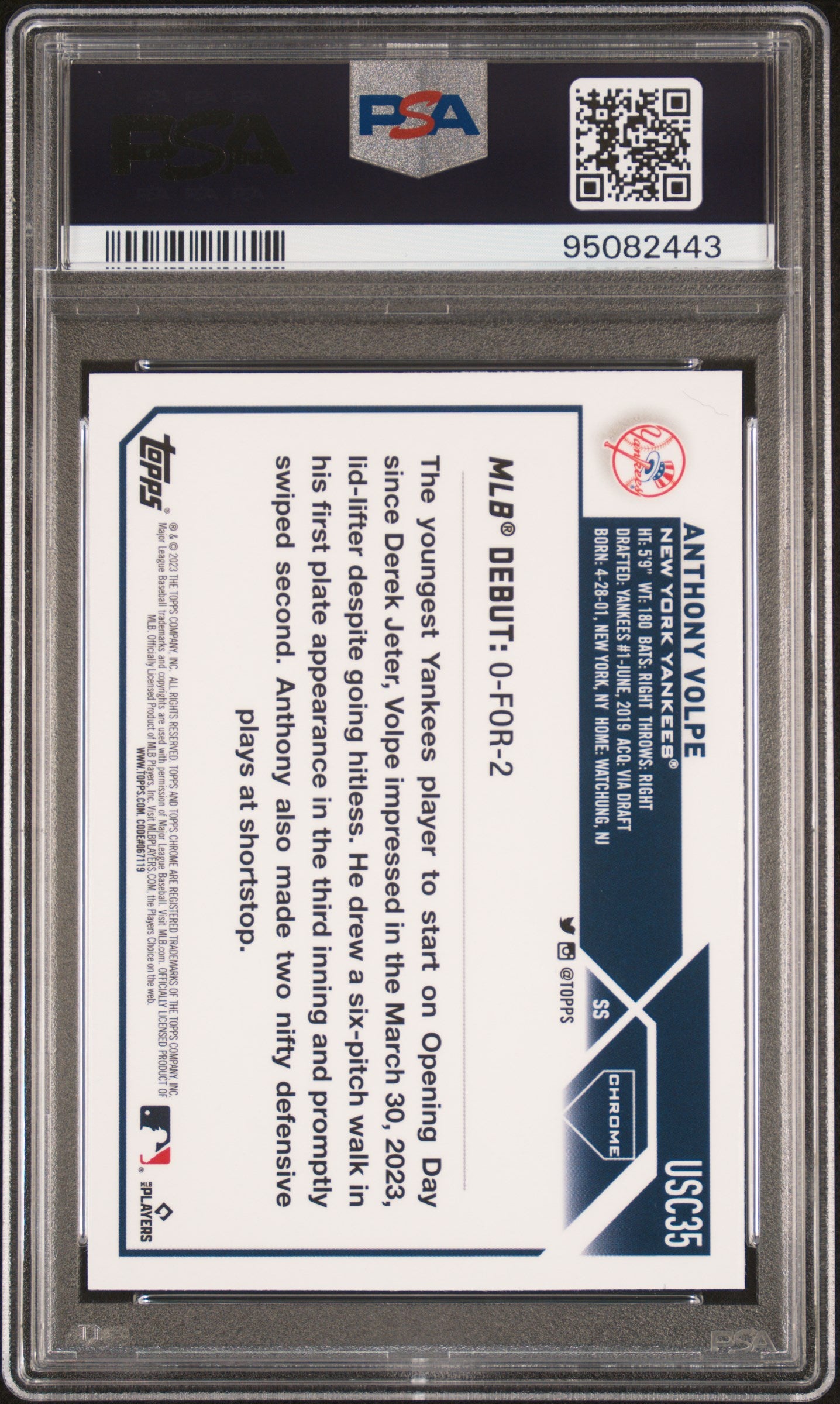 Anthony Volpe 2023 Topps Chrome Update #USC35 Negative Refractor PSA 10 - Back