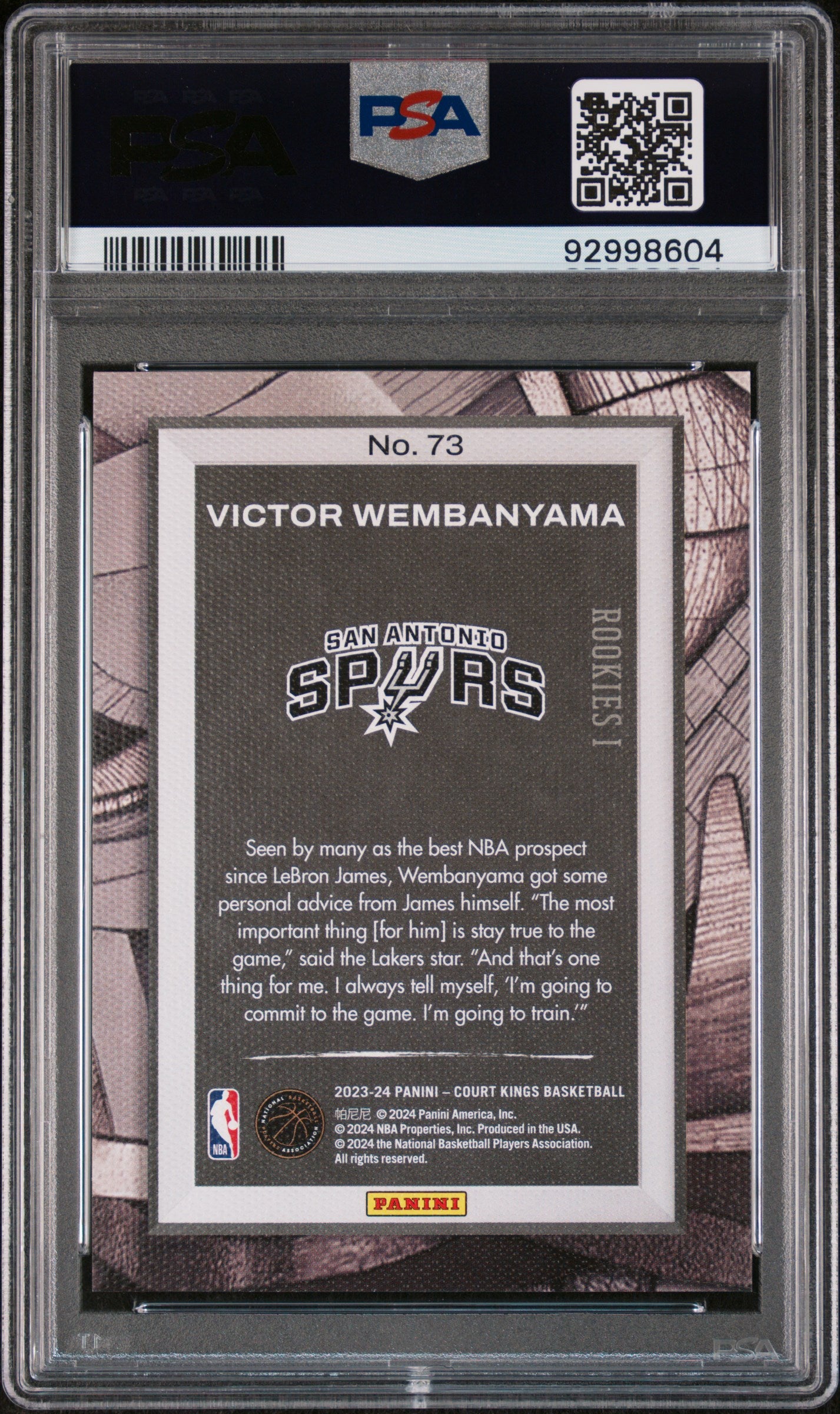 Victor Wembanyama 2023 Panini Court Kings #73 PSA 10 - Back