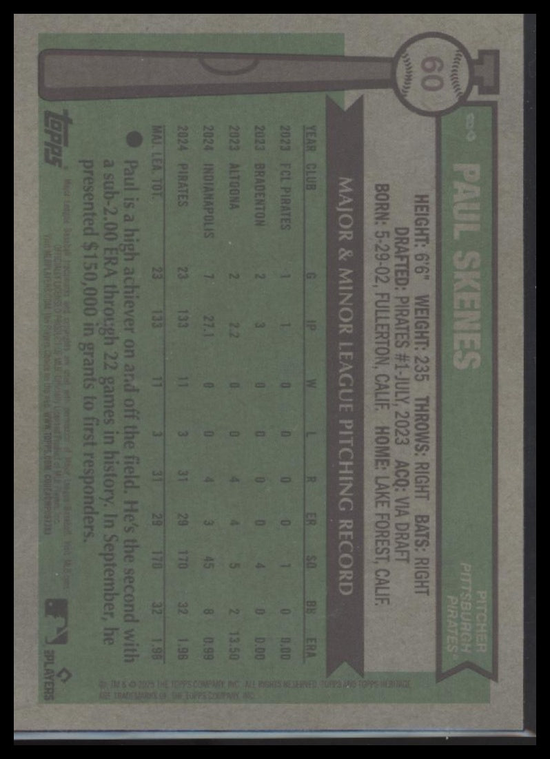 Paul Skenes 2025 Topps Heritage #60 Chrome Blue Refractor #/150 - Back