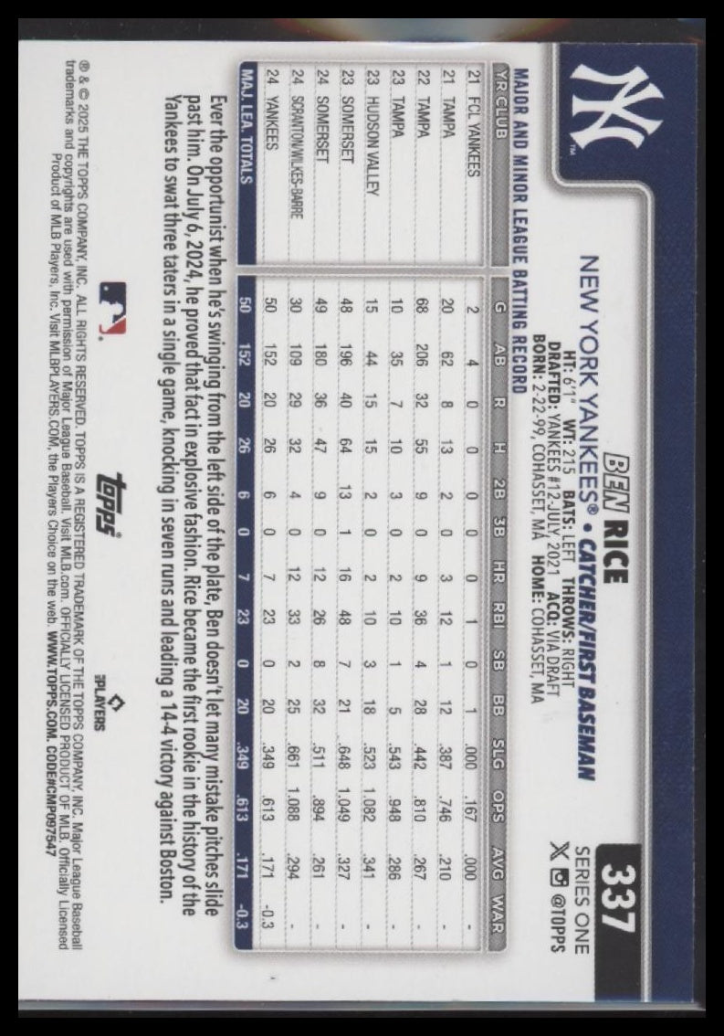 Ben Rice 2025 Topps #337 - Back