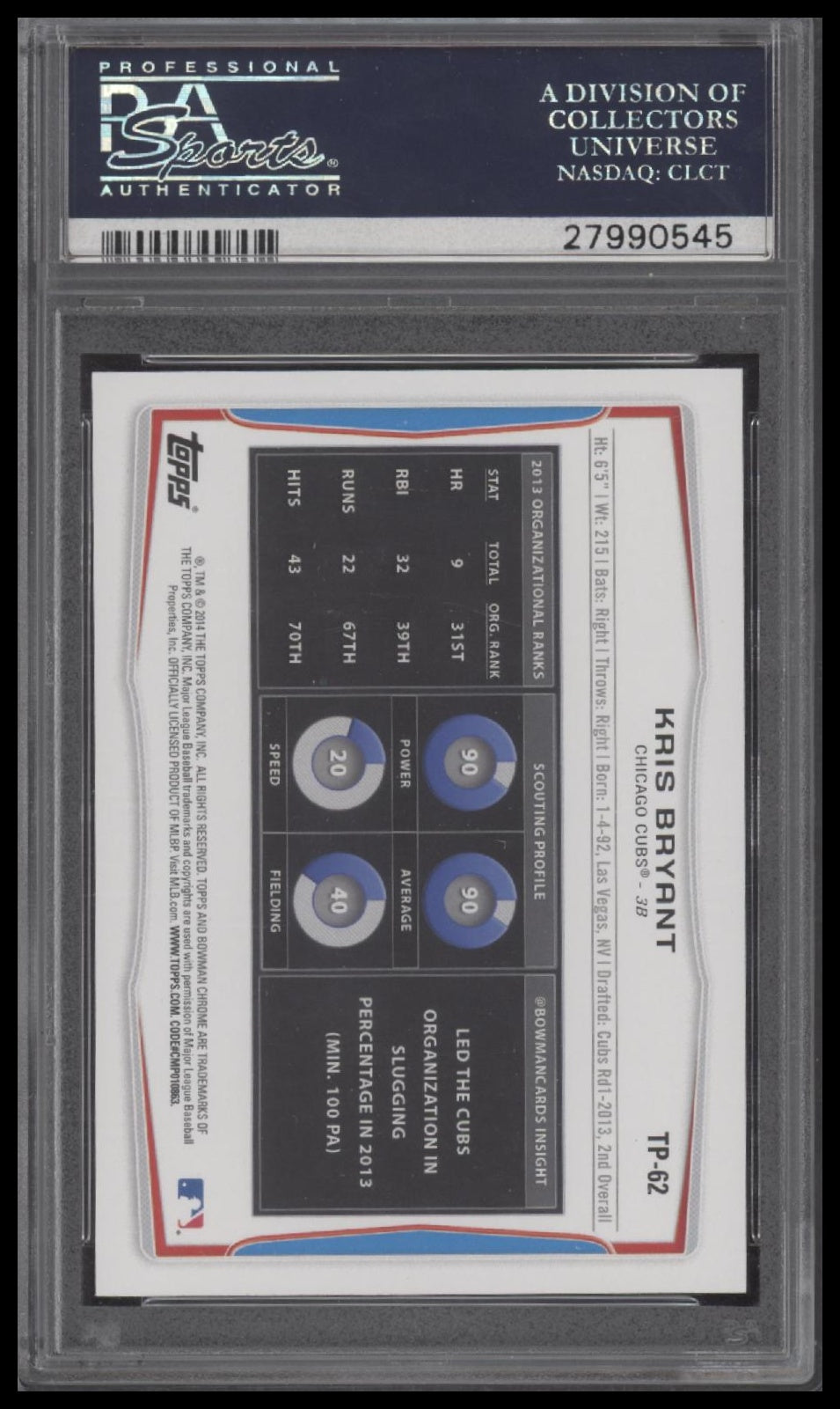 Kris Bryant 2014 Bowman Draft Picks Top Prospects #TP62 Top Prospects PSA 10 - Back