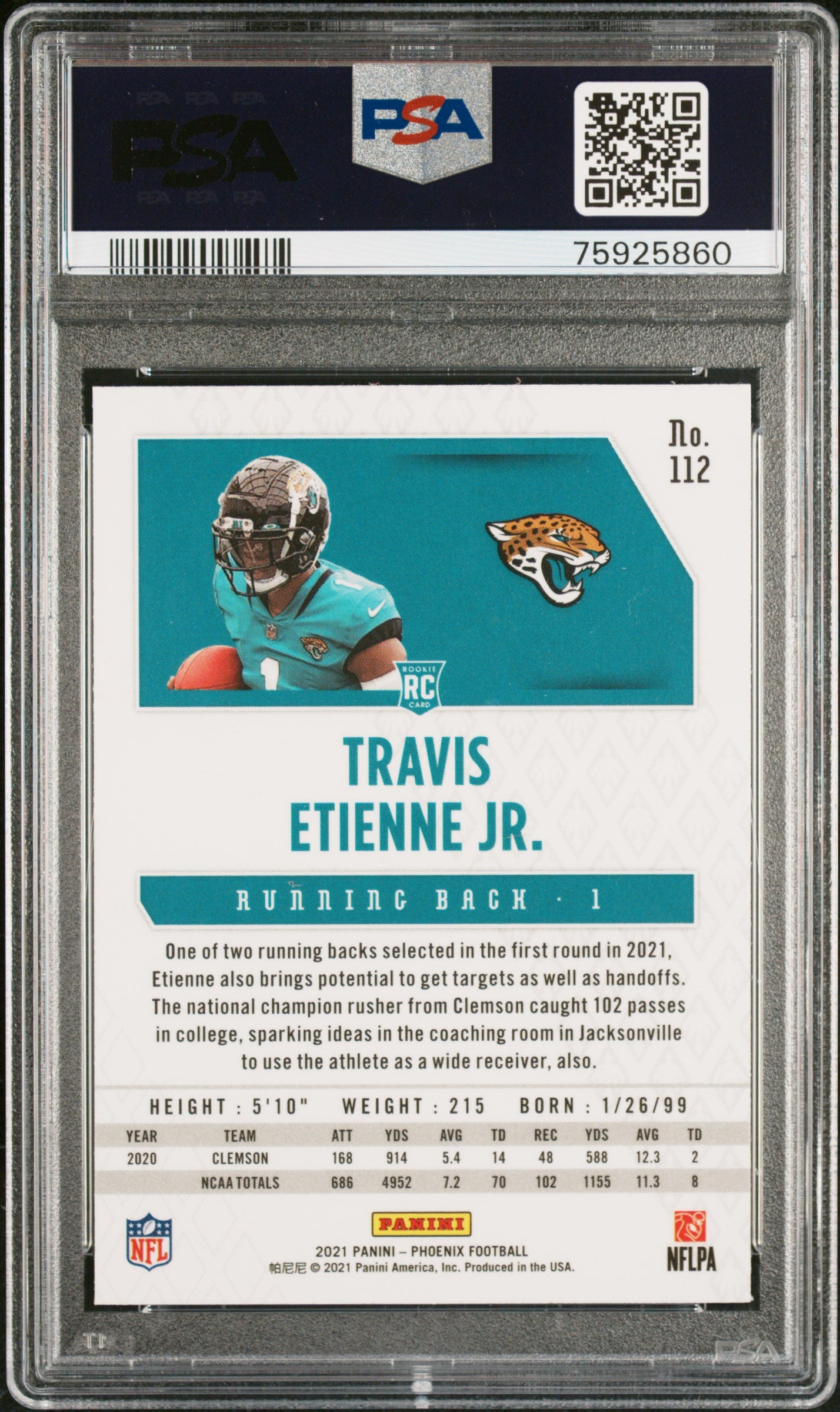 Travis Etienne Jr. 2021 Panini Phoenix #112 Fire Burst PSA 9 - Back