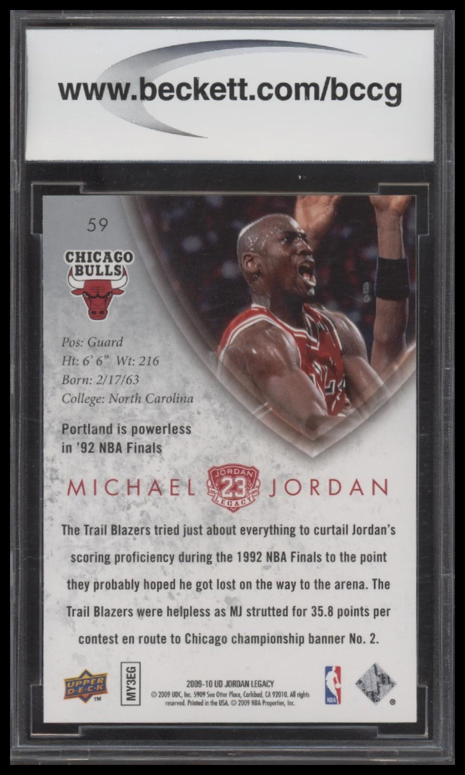 Michael Jordan 2009-10 UD Michael Jordan Legacy Collection Gold BCCG 10.0 - Back