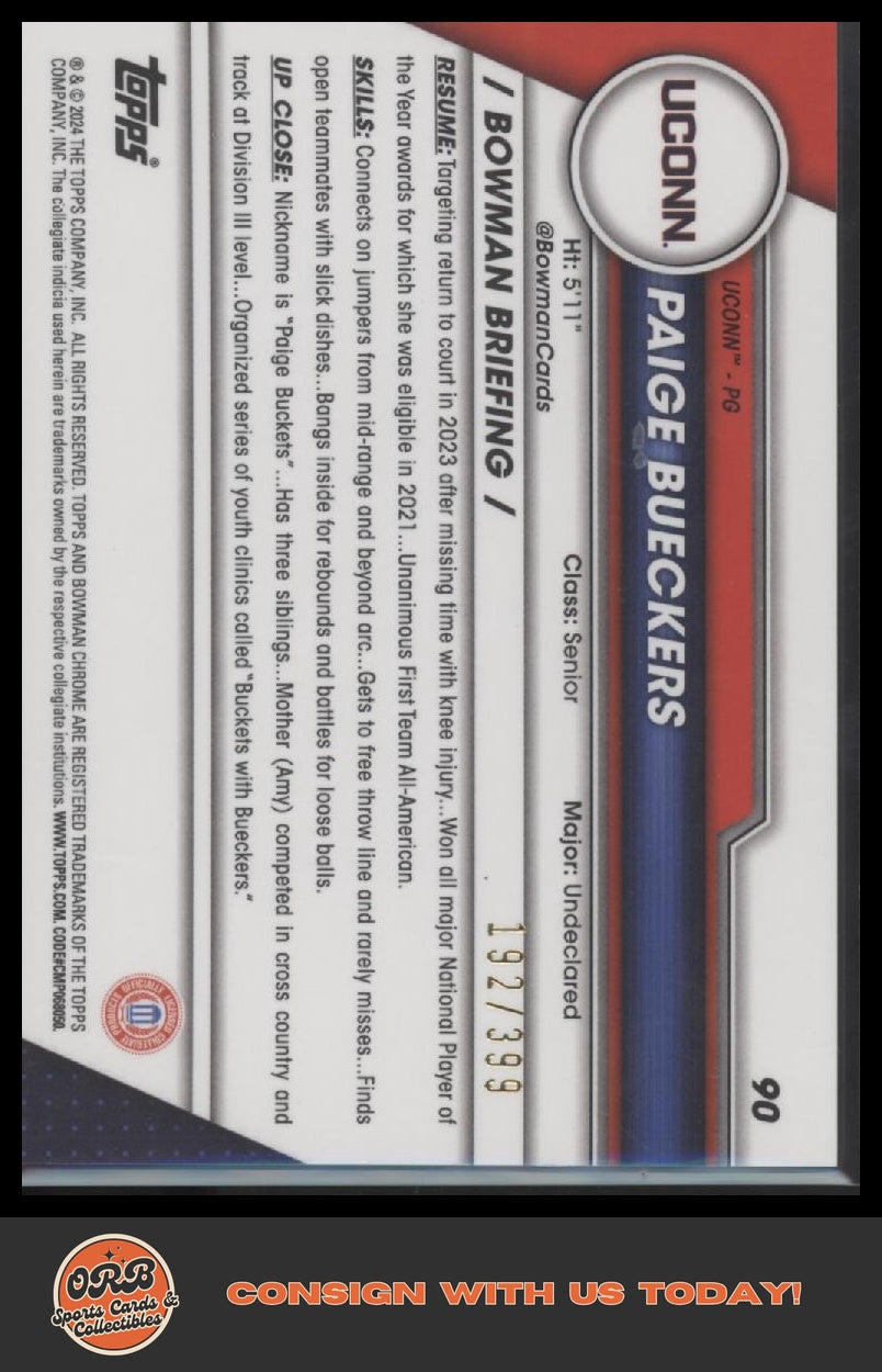 Paige Bueckers 2023-24 Bowman University Chrome #90 Purple Refractor #/399 - Back