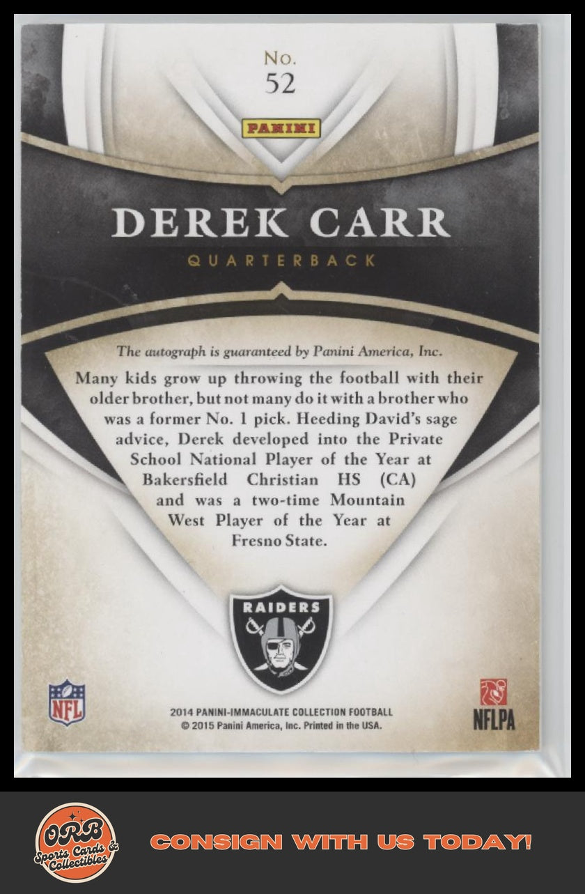 Derek Carr 2014 Panini Immaculate Collection #52 Rookie Ink #/49 - Back