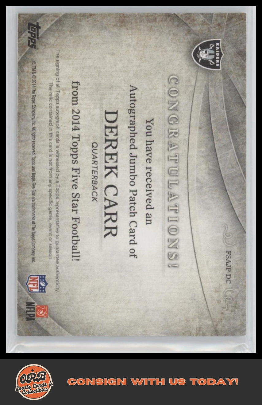 Derek Carr 2014 Topps Five Star #FSSS-DC Silver Signatures Green #/15 - Back