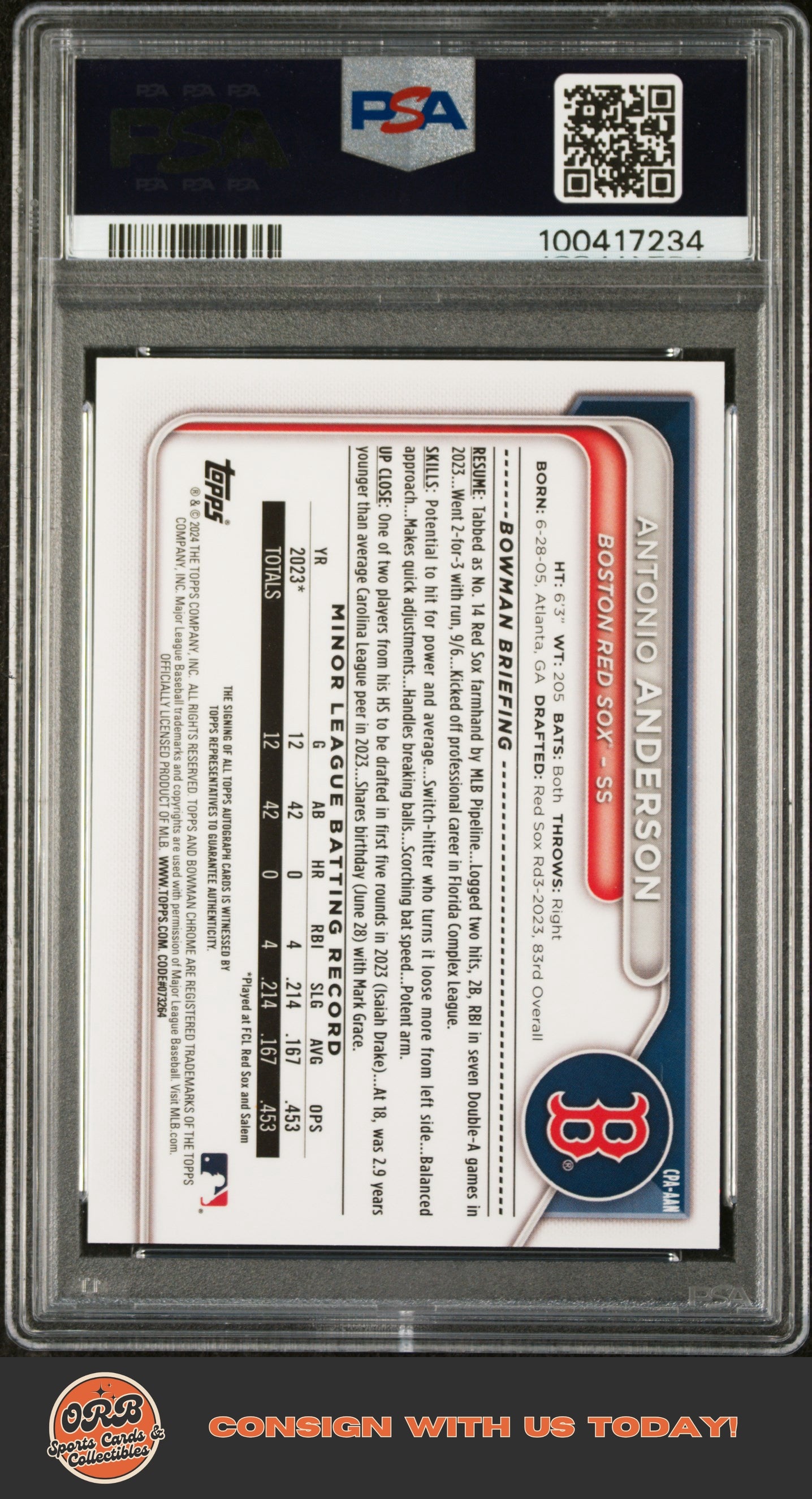 Antonio Anderson 2024 Bowman Chrome Prospect Auto Speckle Ref PSA 10 - Back