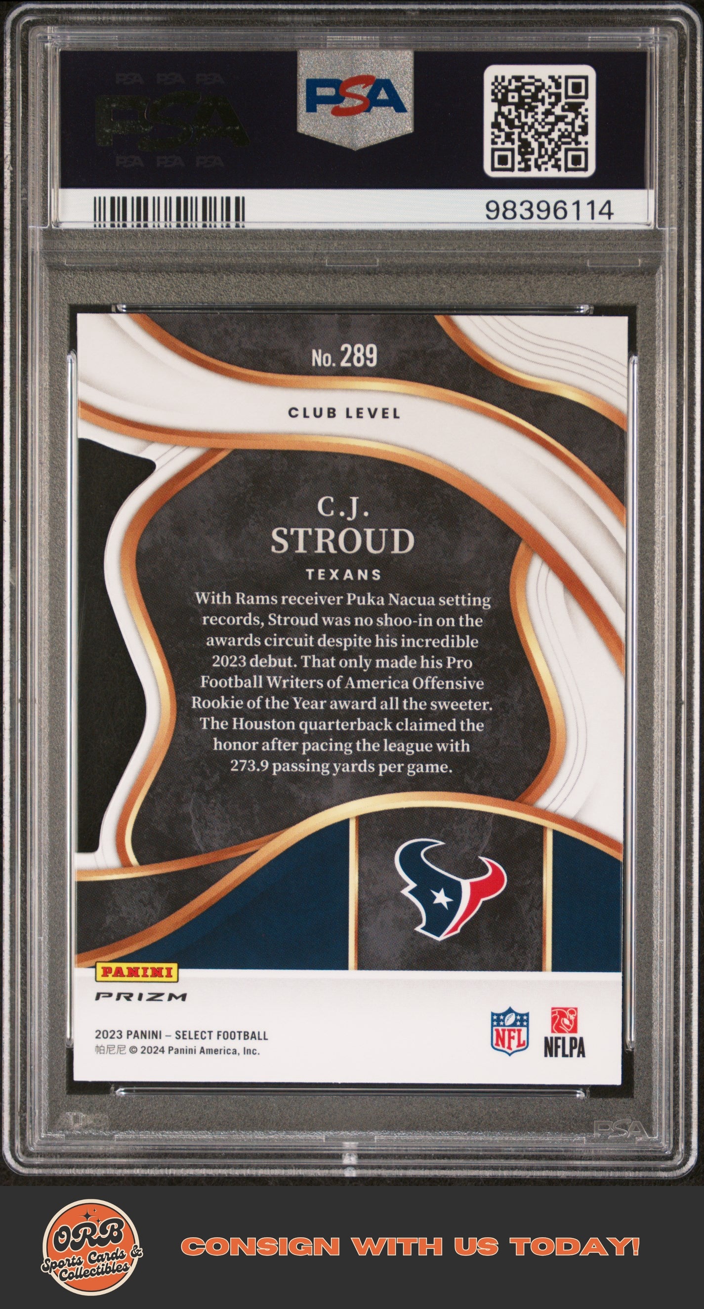 Cj Stroud 2023 Panini Select #289 Die-Cut Red & Yellow Prizm PSA 9 - Back