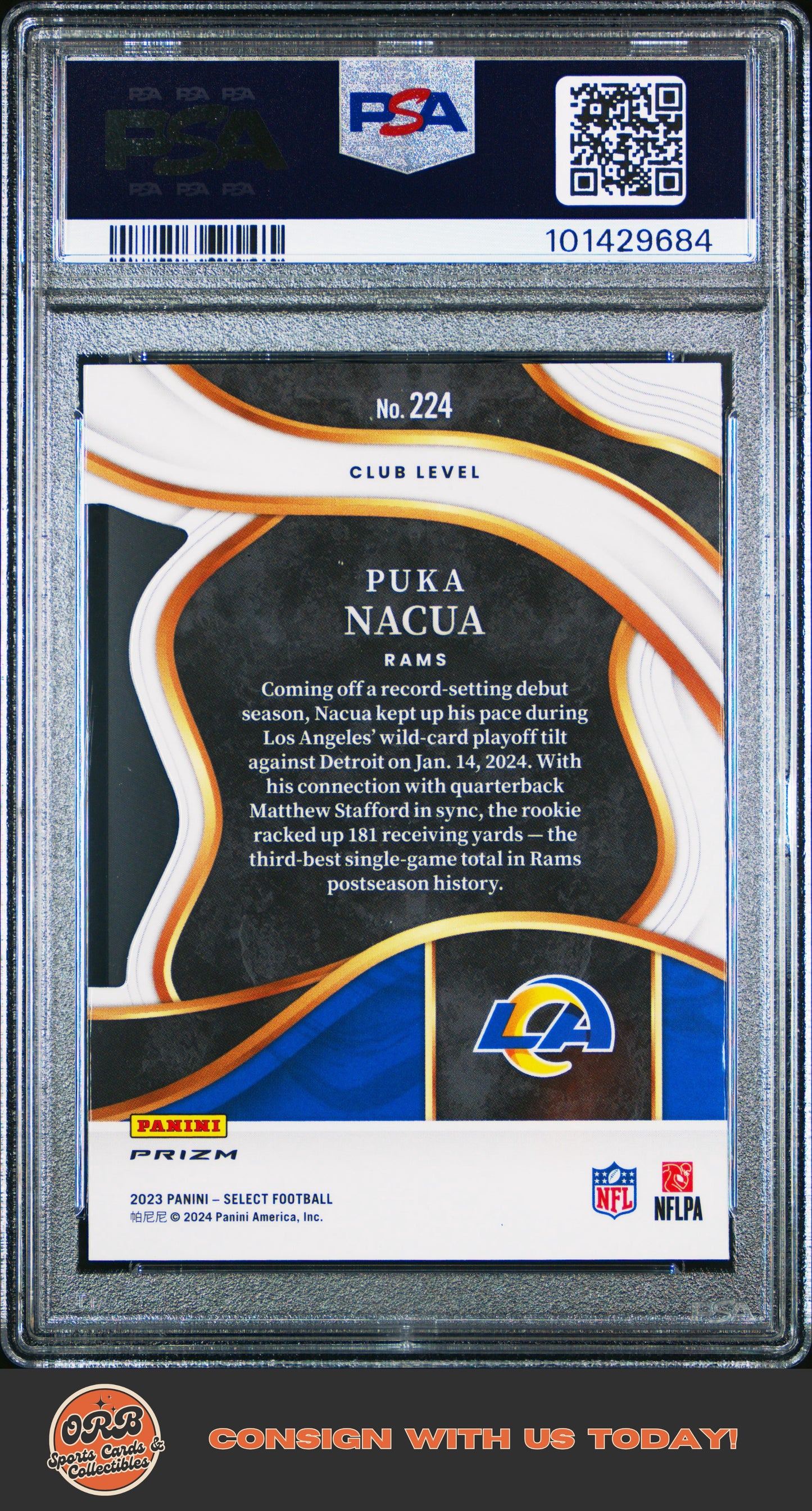 Puka Nacua 2023 Panini Select #224 Die-Cut Red & Blue Prizm PSA 10 - Back