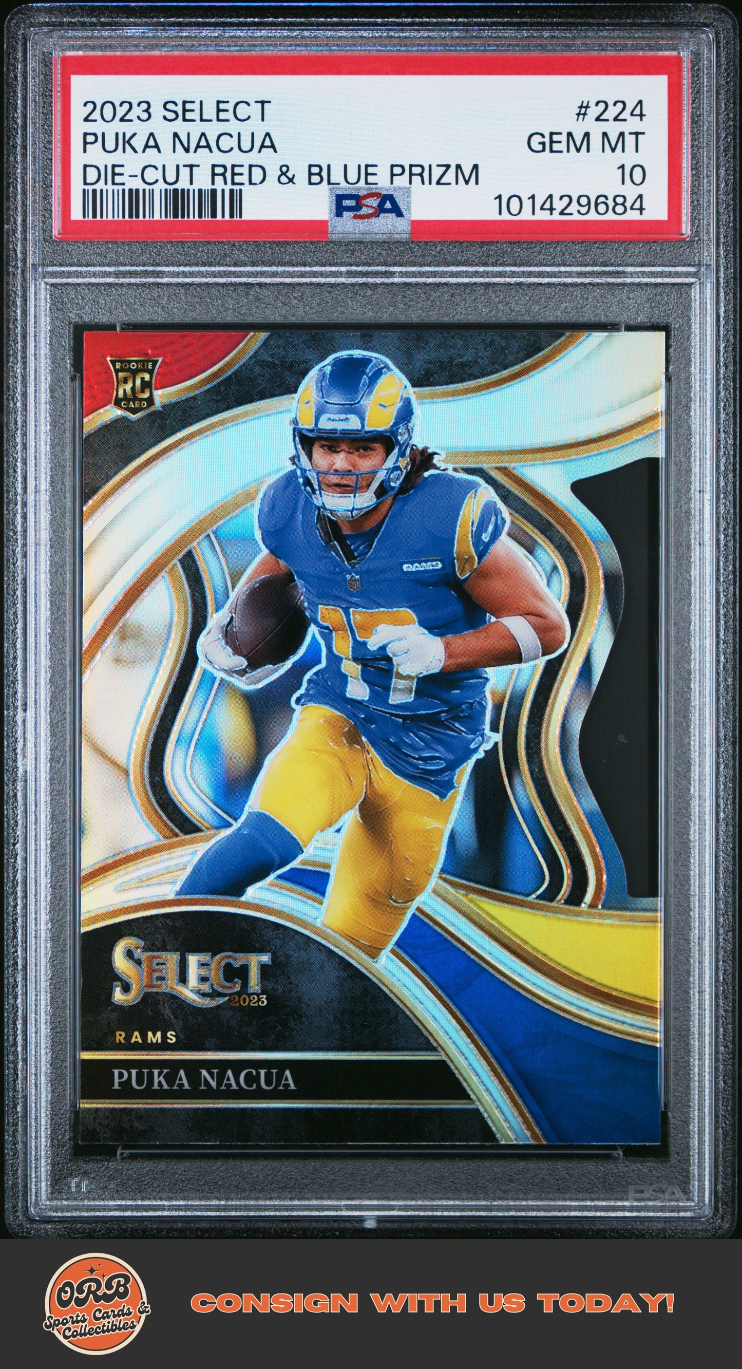 Puka Nacua 2023 Panini Select #224 Die-Cut Red & Blue Prizm PSA 10 - Front