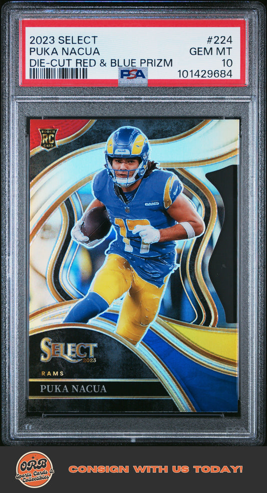 Puka Nacua 2023 Panini Select #224 Die-Cut Red & Blue Prizm PSA 10 - Front