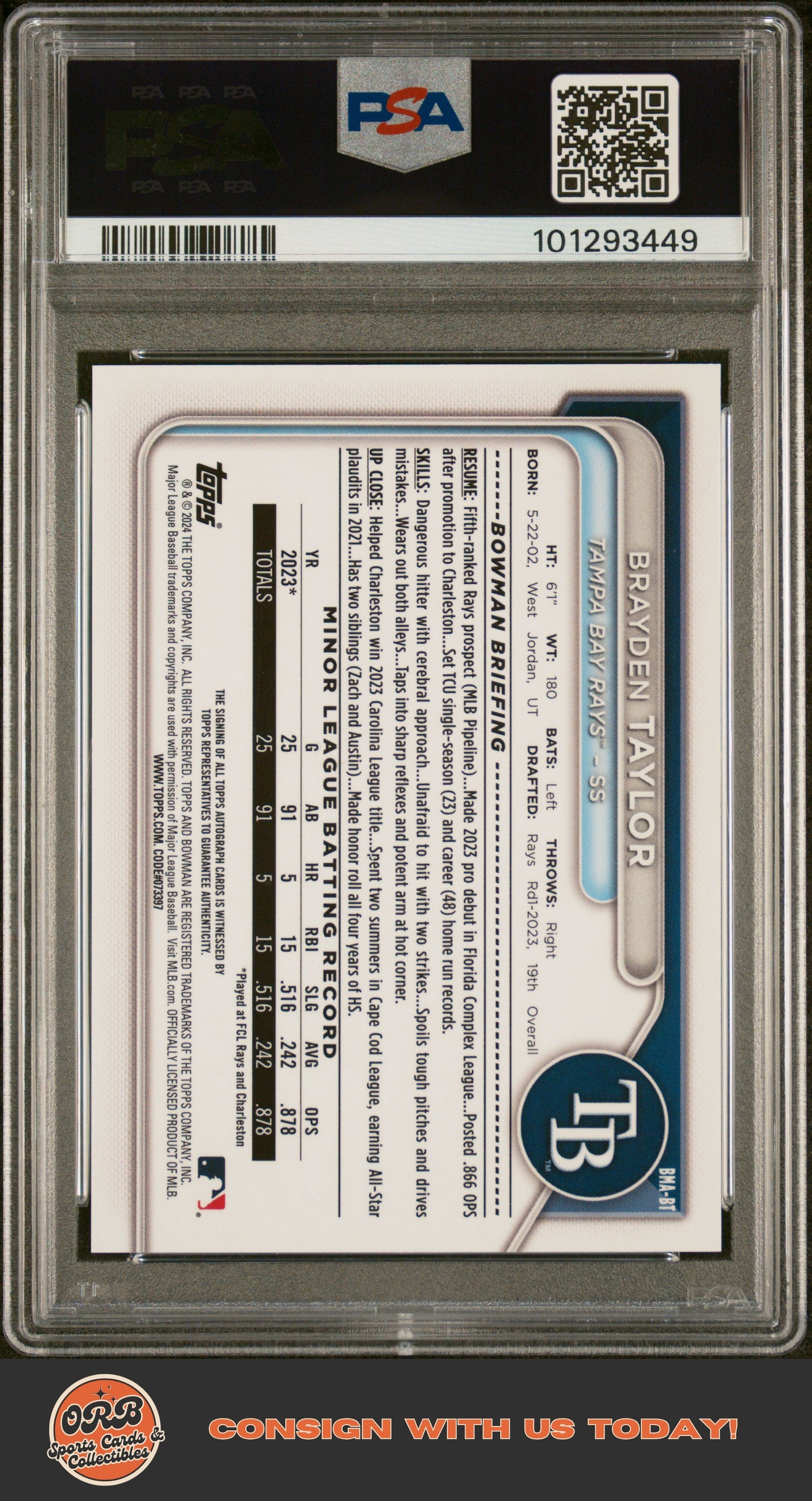 Brayden Taylor 2024 Bowman Chrome Prospect Auto PSA 10 - Back