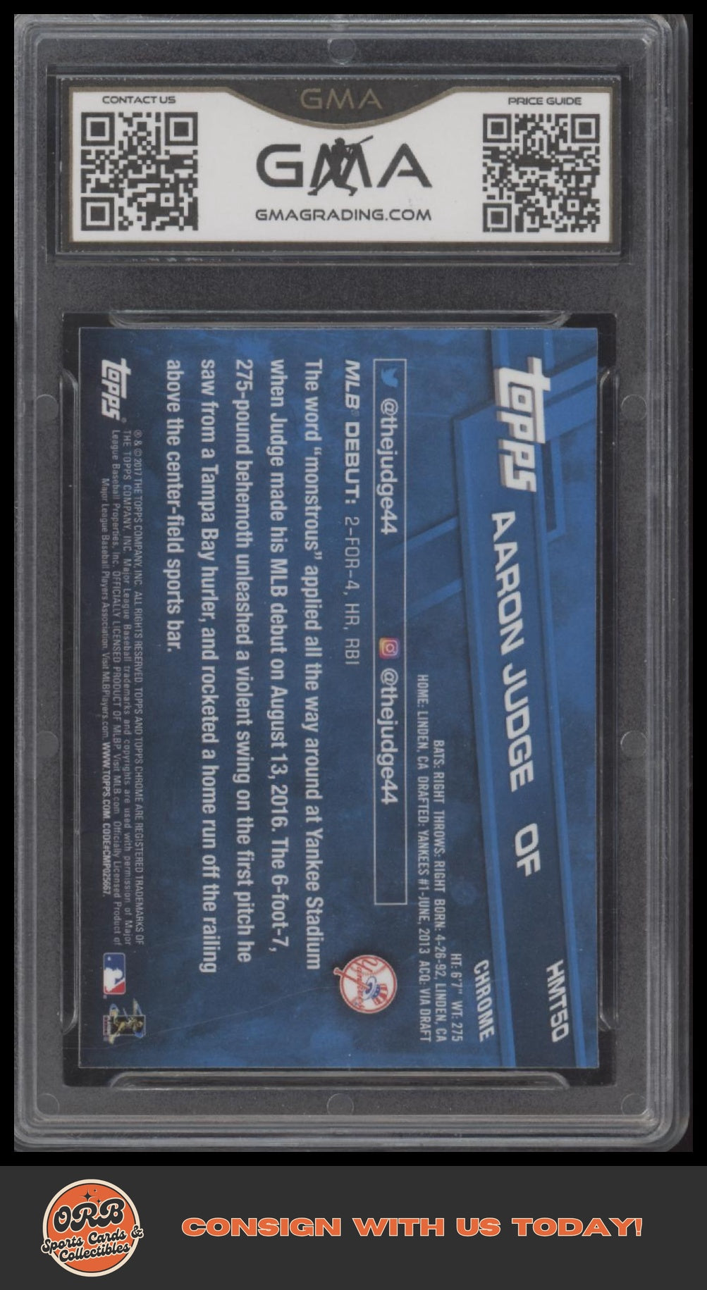 Aaron Judge 2017 Topps Chrome Update #HMT50 GMA 10 - Back