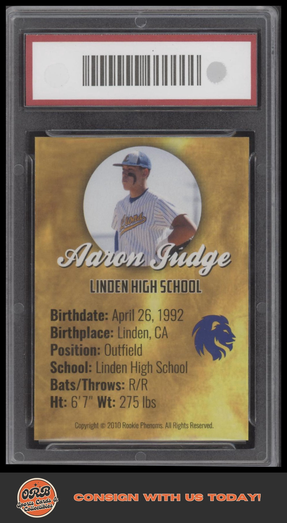 2010 Phenoms Aaron Judge Rookie Gold - Back