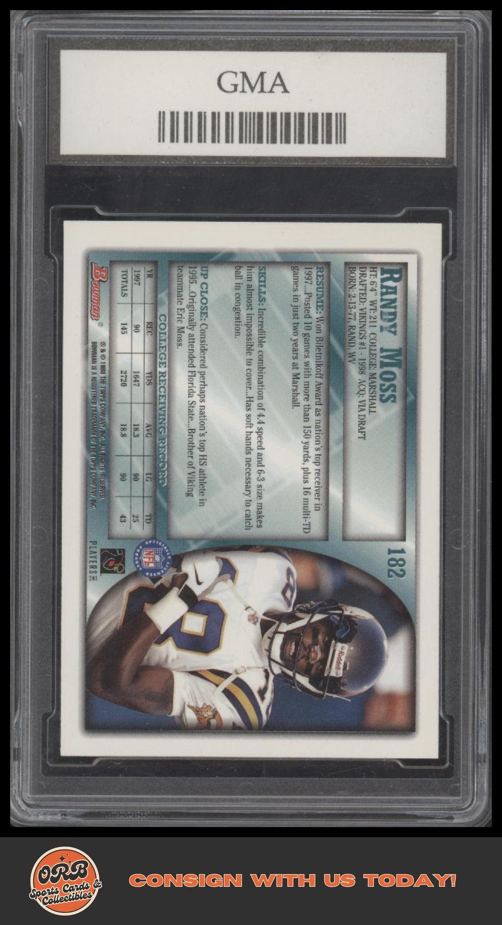 Randy Moss 1998 Bowman #182 GMA 10 - Back
