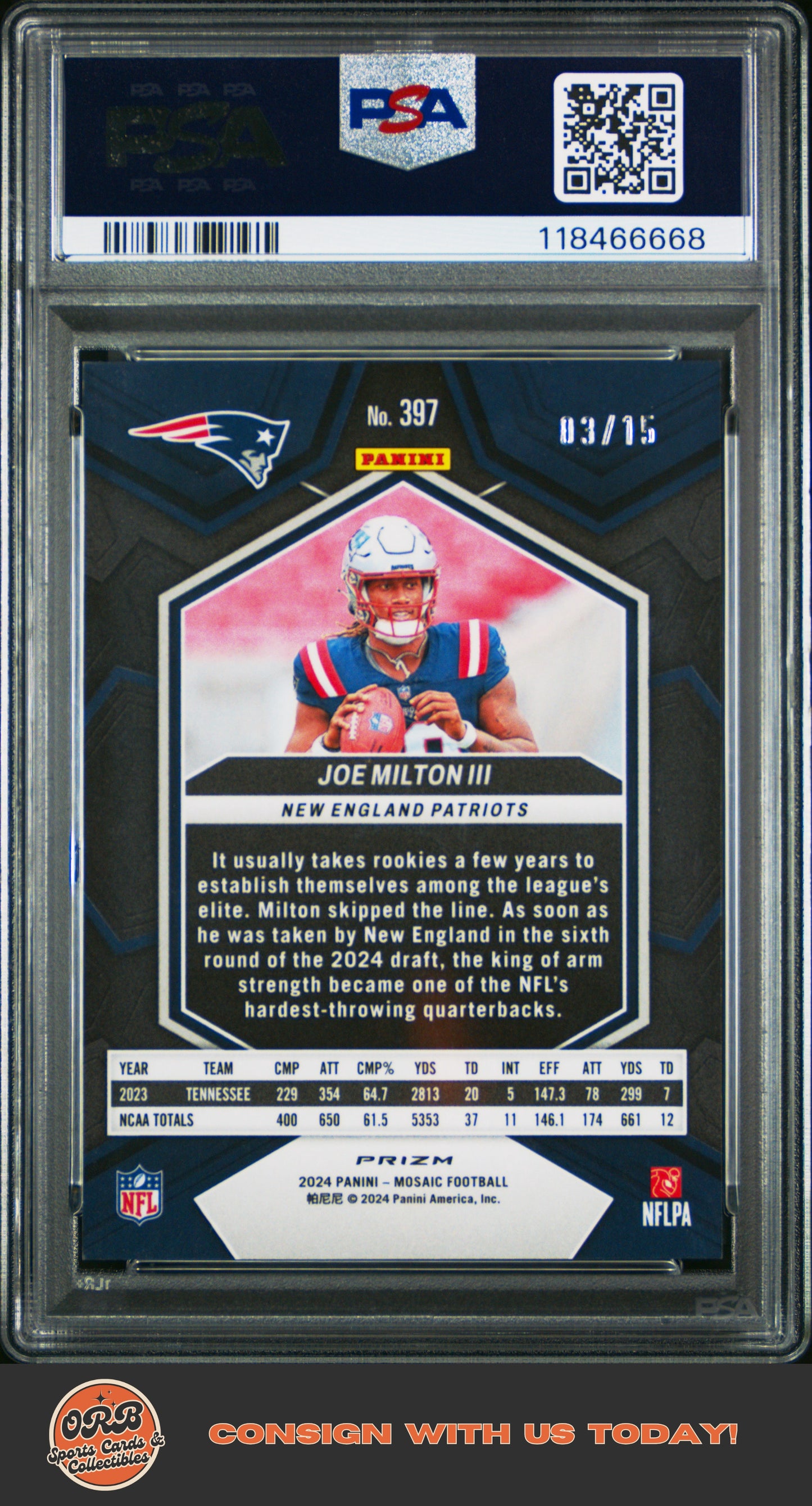 Joe Milton Iii 2024 Panini Mosaic #397 Blue Fluorescent PSA 9 #/15 - Back