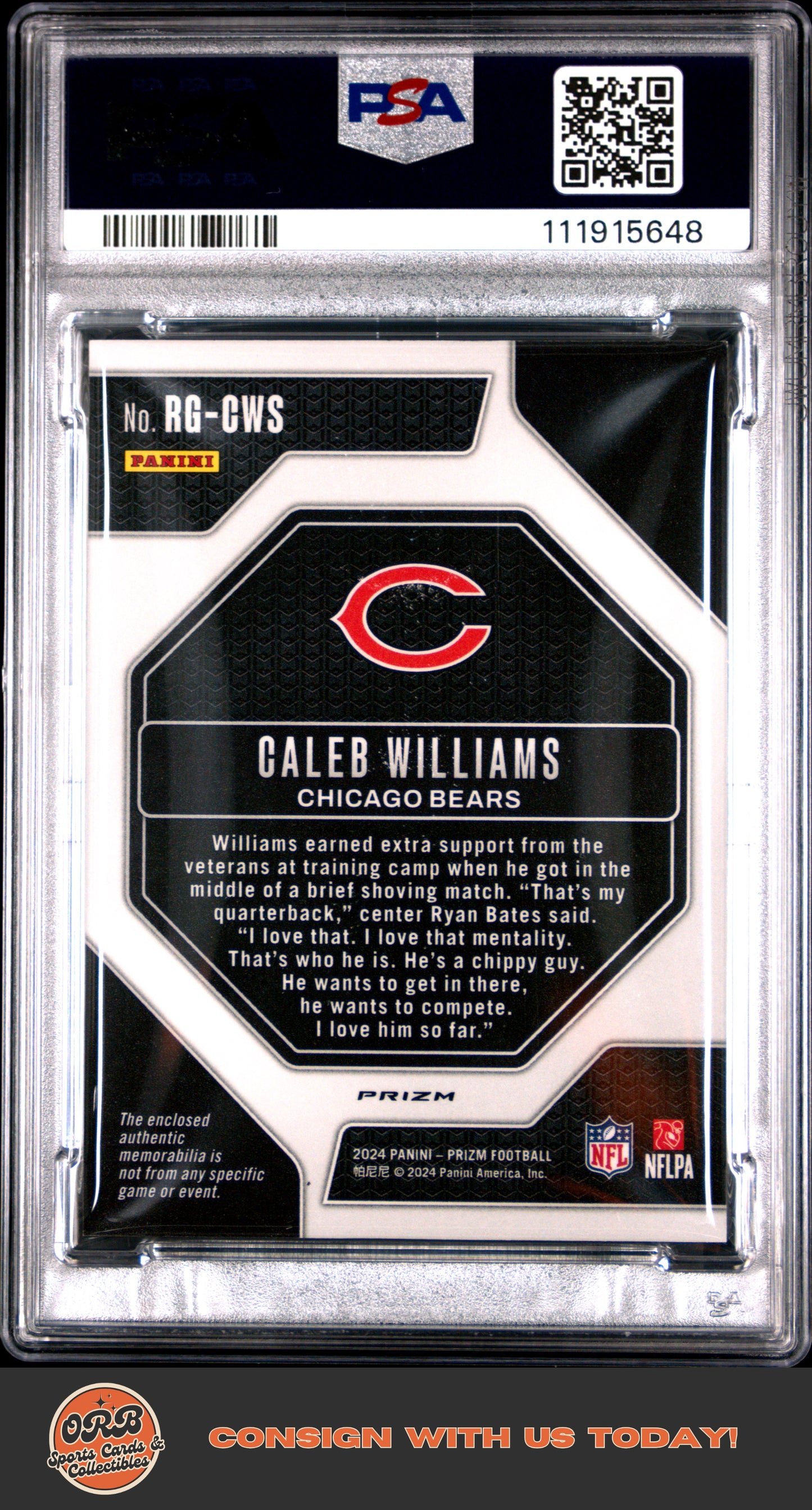Caleb Williams 2024 Panini Prizm Rookie Gear Rookie Gear-Purple Pulsar PSA 9 - Back