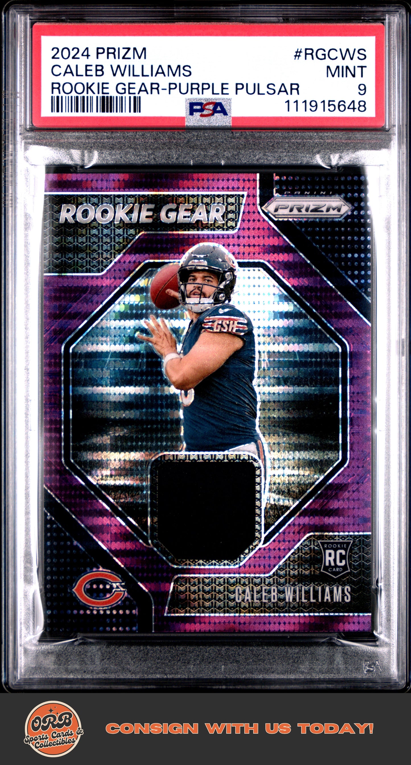 Caleb Williams 2024 Panini Prizm Rookie Gear Rookie Gear-Purple Pulsar PSA 9 - Front