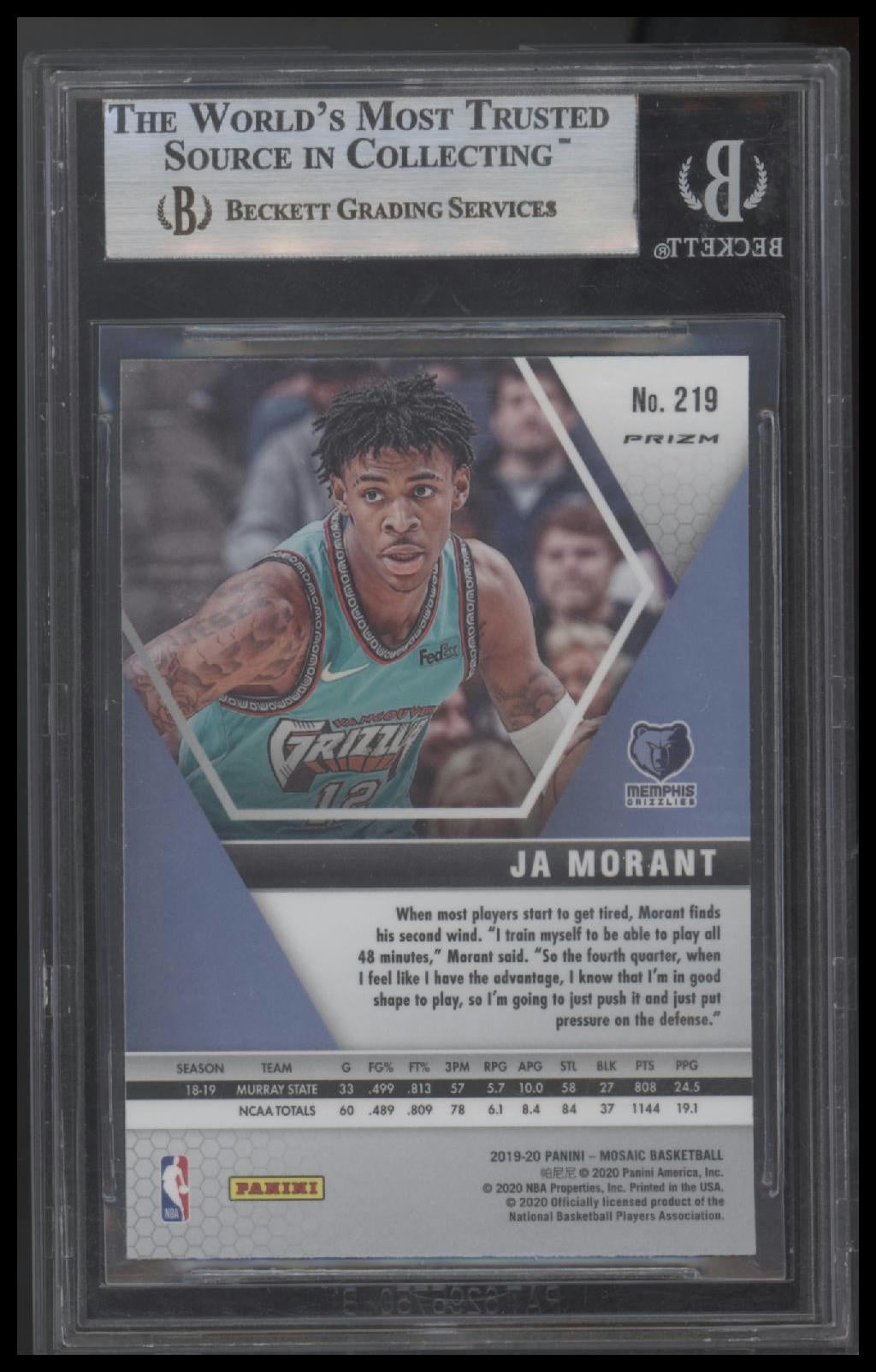 Ja Morant 2019-20 Panini Mosaic Mosaic Blue Reactive #219 BGS 9.0 - Back