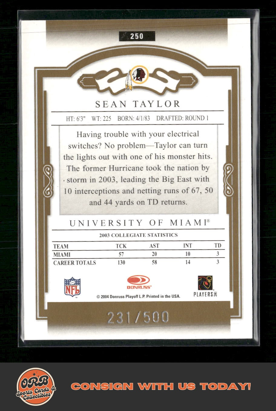 Sean Taylor 2004 Donruss Classics #250 #/500 - Back