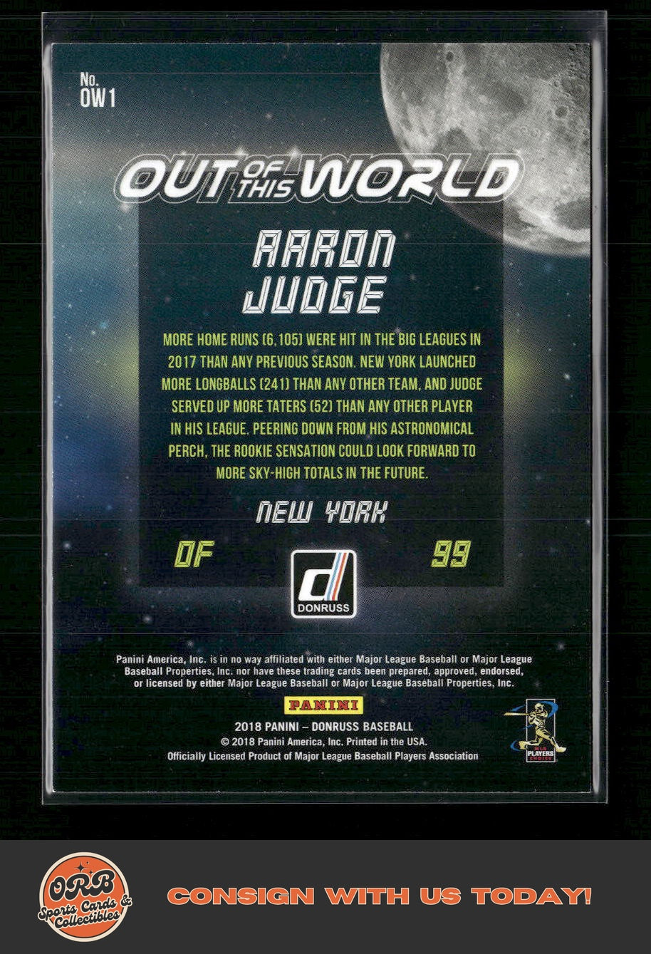 Aaron Judge 2018 Donruss #OW1 Out of This World Crystal - Back