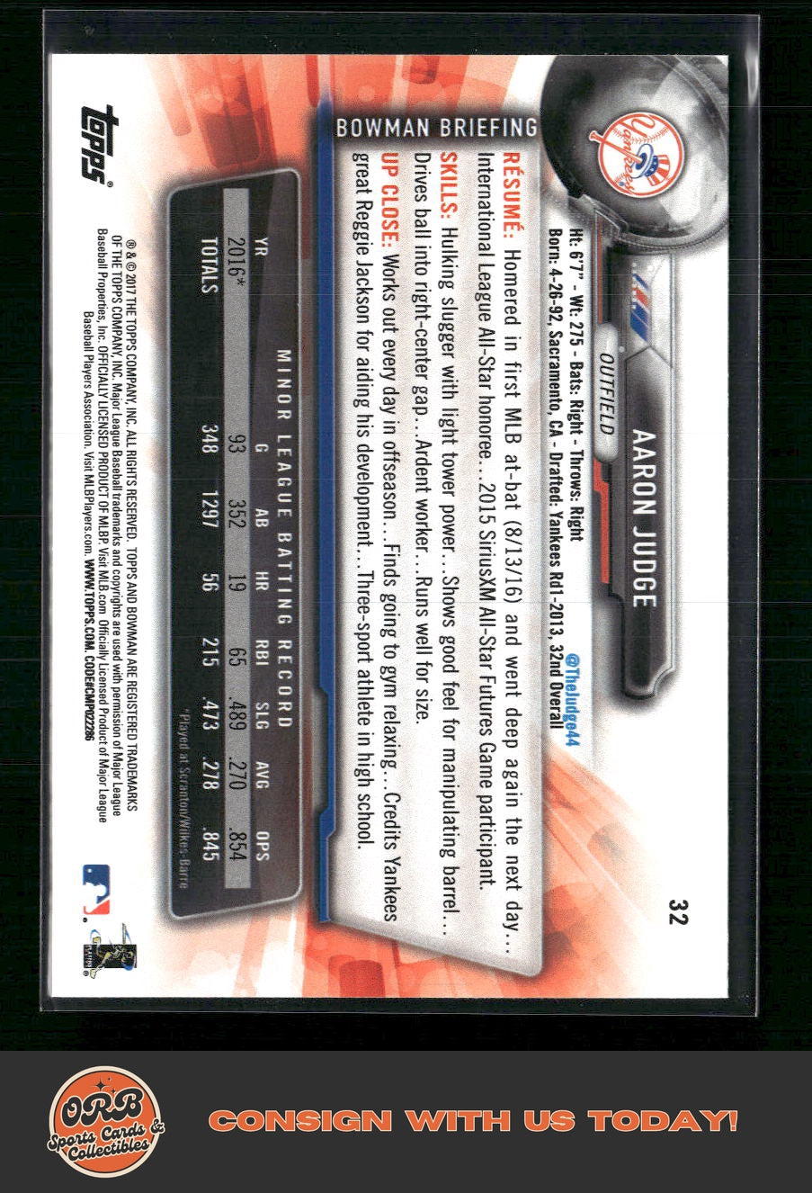 Aaron Judge 2017 Bowman #32 - Back