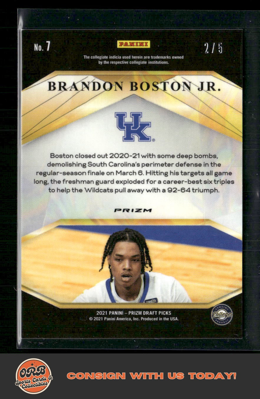 Brandon Boston Jr. 2021 Prizm Draft Picks #7 Brilliance Prizms Green Shimmer #/5 - Back