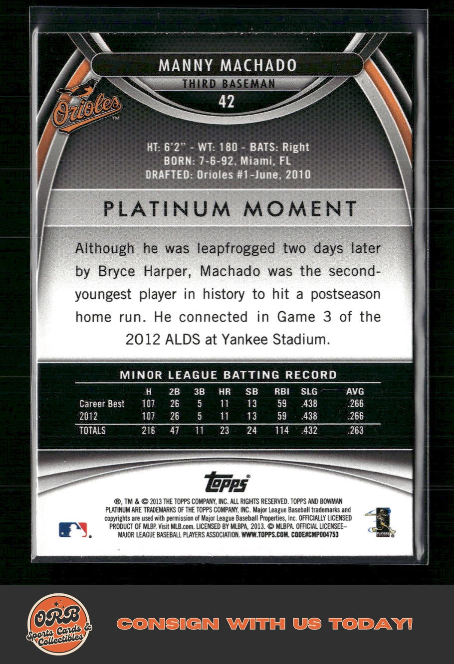 Manny Machado 2013 Bowman Platinum #42 - Back