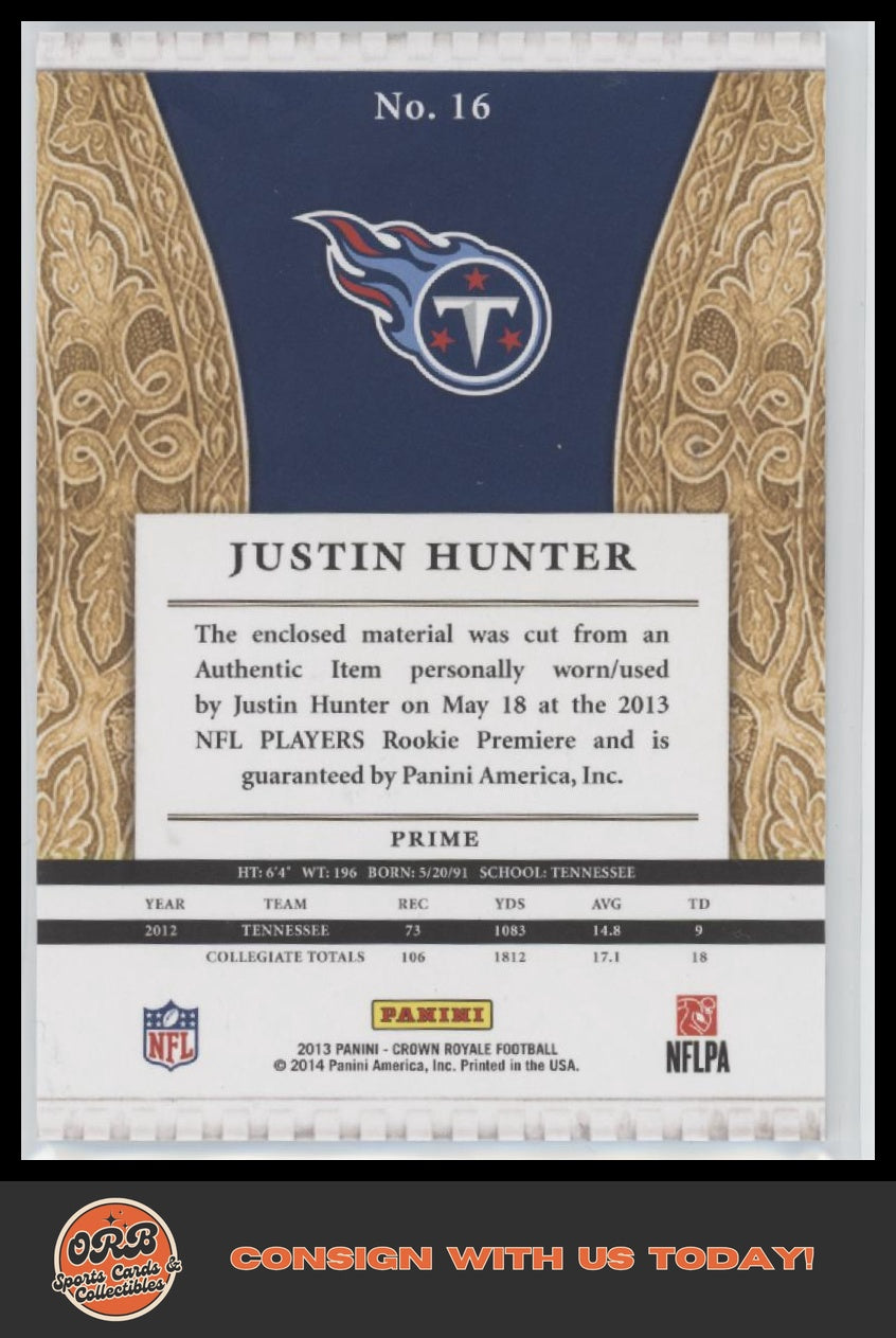 Justin Hunter 2013 Panini Crown Royale #16 Rookie Silhouettes Prime #/99 - Back