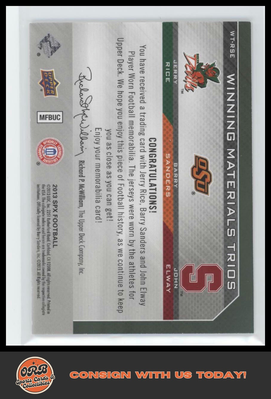 John Elway/Barry Sanders/Jerry Rice 2013 SPx Winning Trios Triple Jerseys #/99 - Back