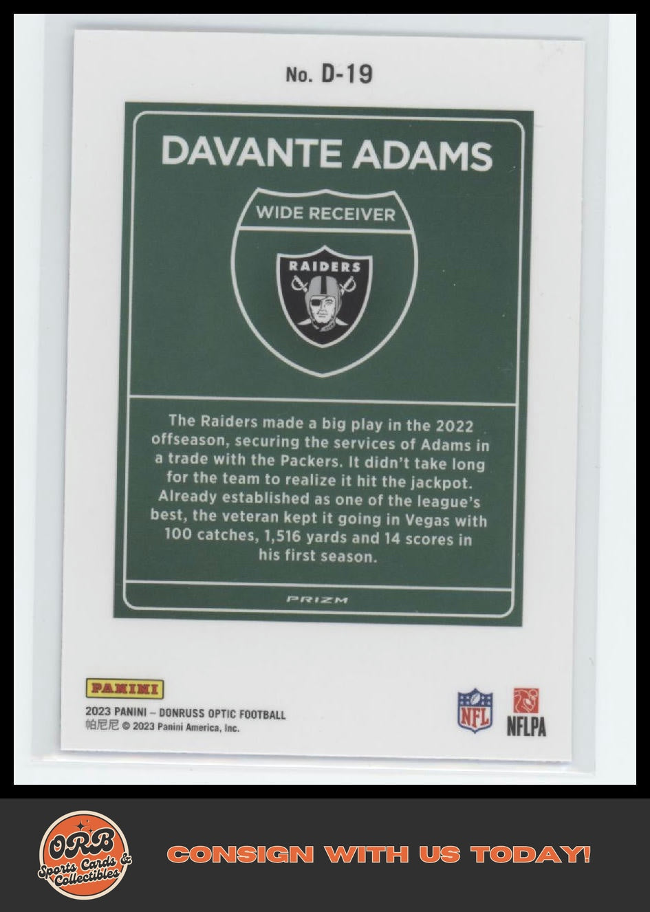 Davante Adams 2023 Donruss Optic #D-19 Downtown! - Back