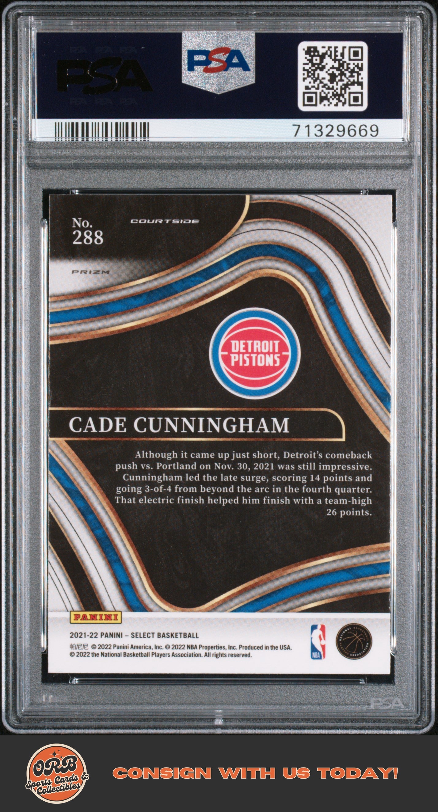 Cade Cunningham 2021 Panini Select #288 Blue Shimmer PSA 9 - Back